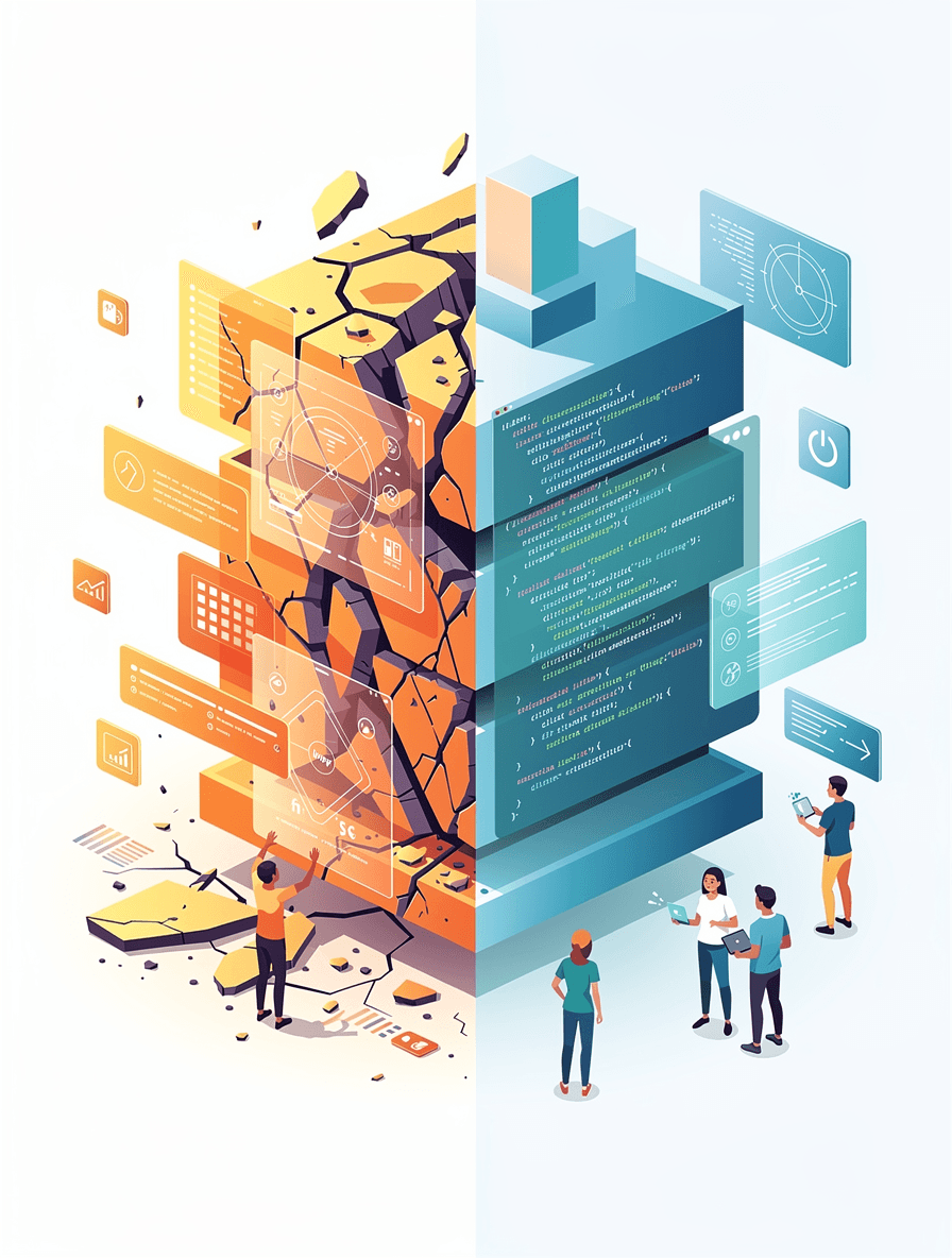 Split illustration showing crumbling overlay facade revealing solid source code foundation underneath in orange to blue transition