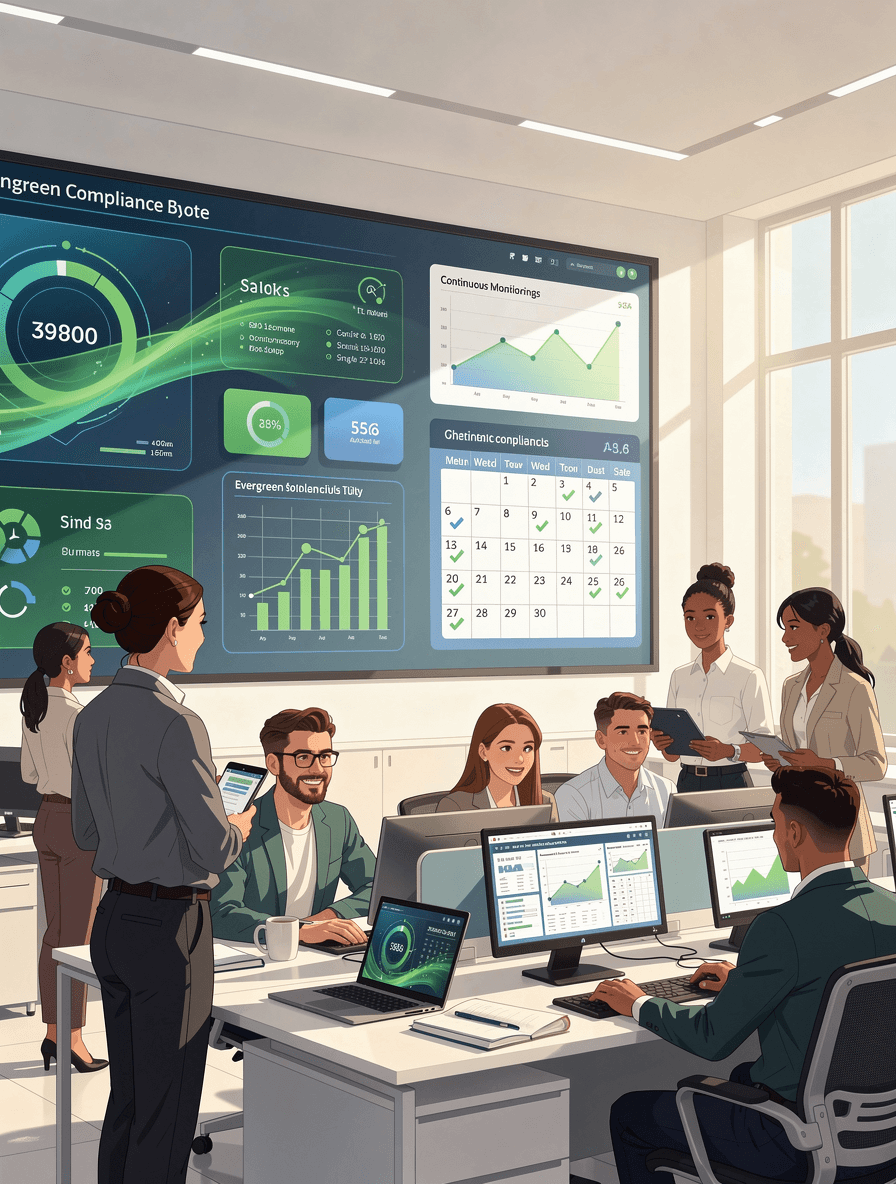 Continuous compliance monitoring room with evergreen indicators and ongoing checkpoint calendar in green and blue tones