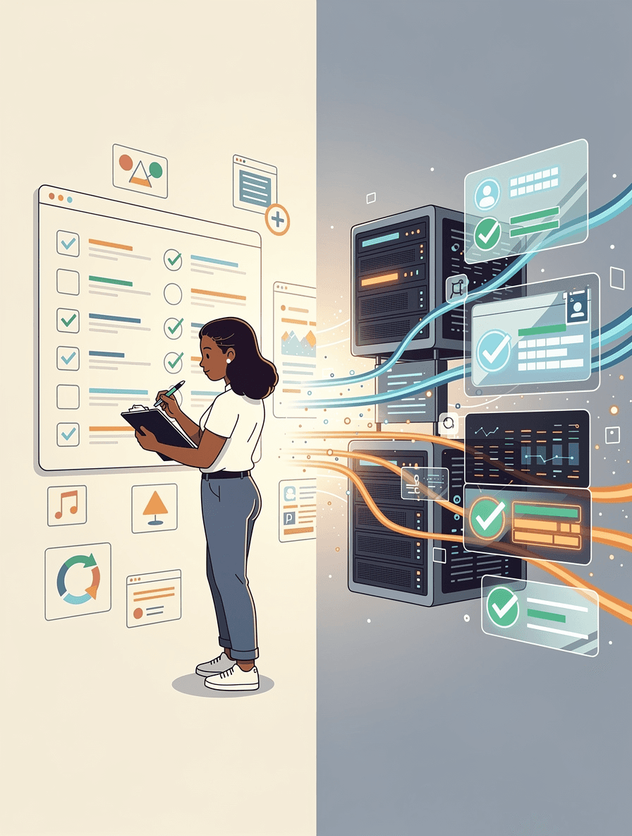 Contrast illustration comparing slow manual clipboard testing with rapid automated scanning and fixing systems