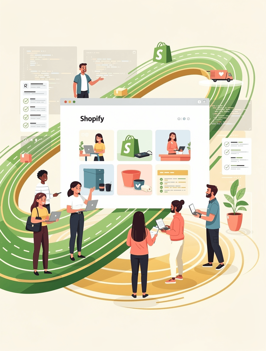 Dynamic Shopify storefront illustration with developers shipping code at speed while accessibility checks run seamlessly in background