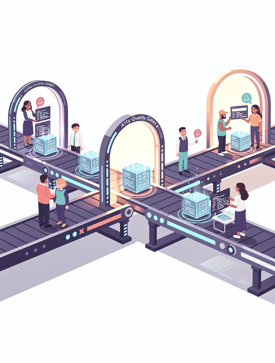 DevOps pipeline illustration with accessibility checkpoint gates integrated into CI/CD code conveyor belt workflow