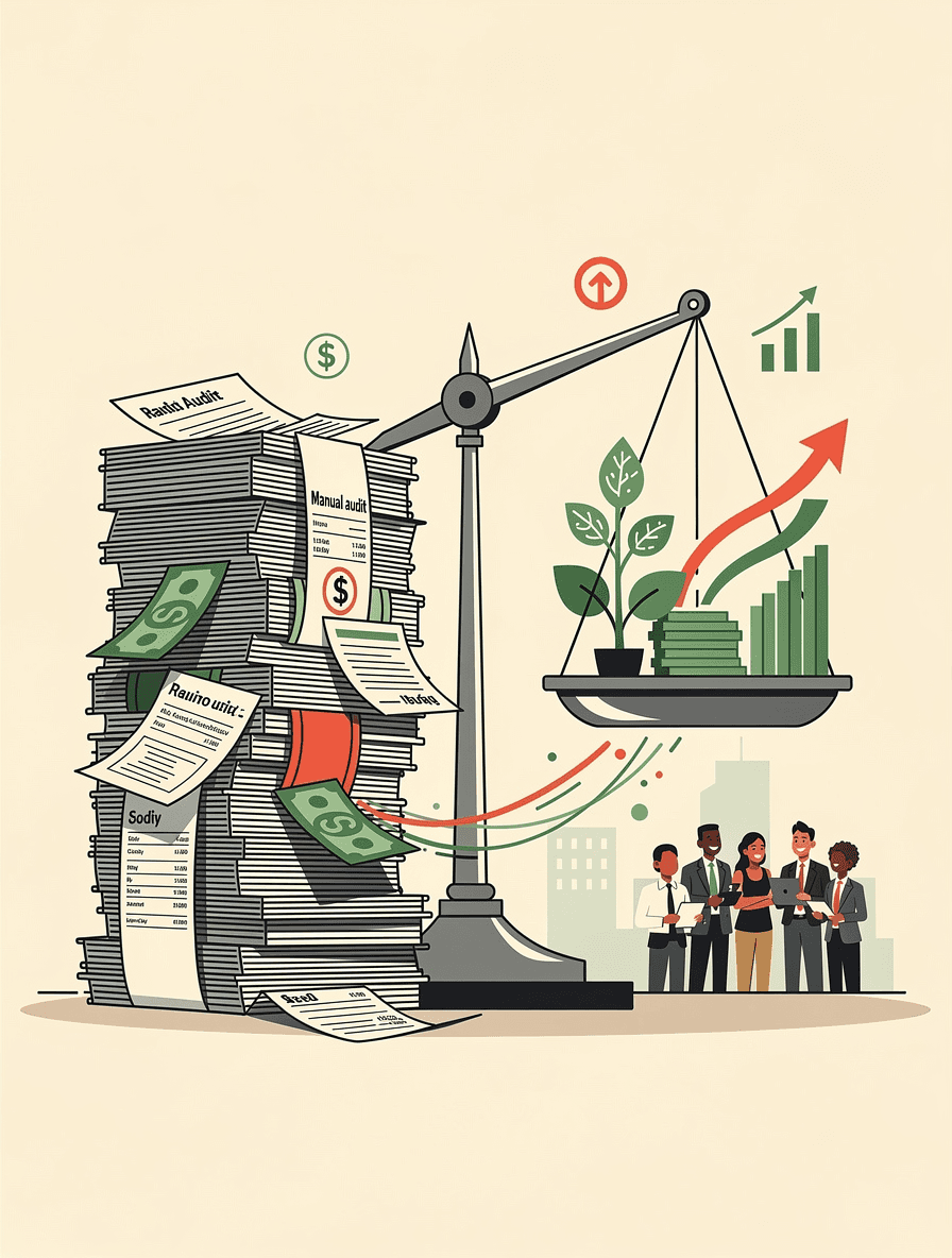 Cost comparison scale weighing expensive manual audit invoices against affordable automated accessibility solution