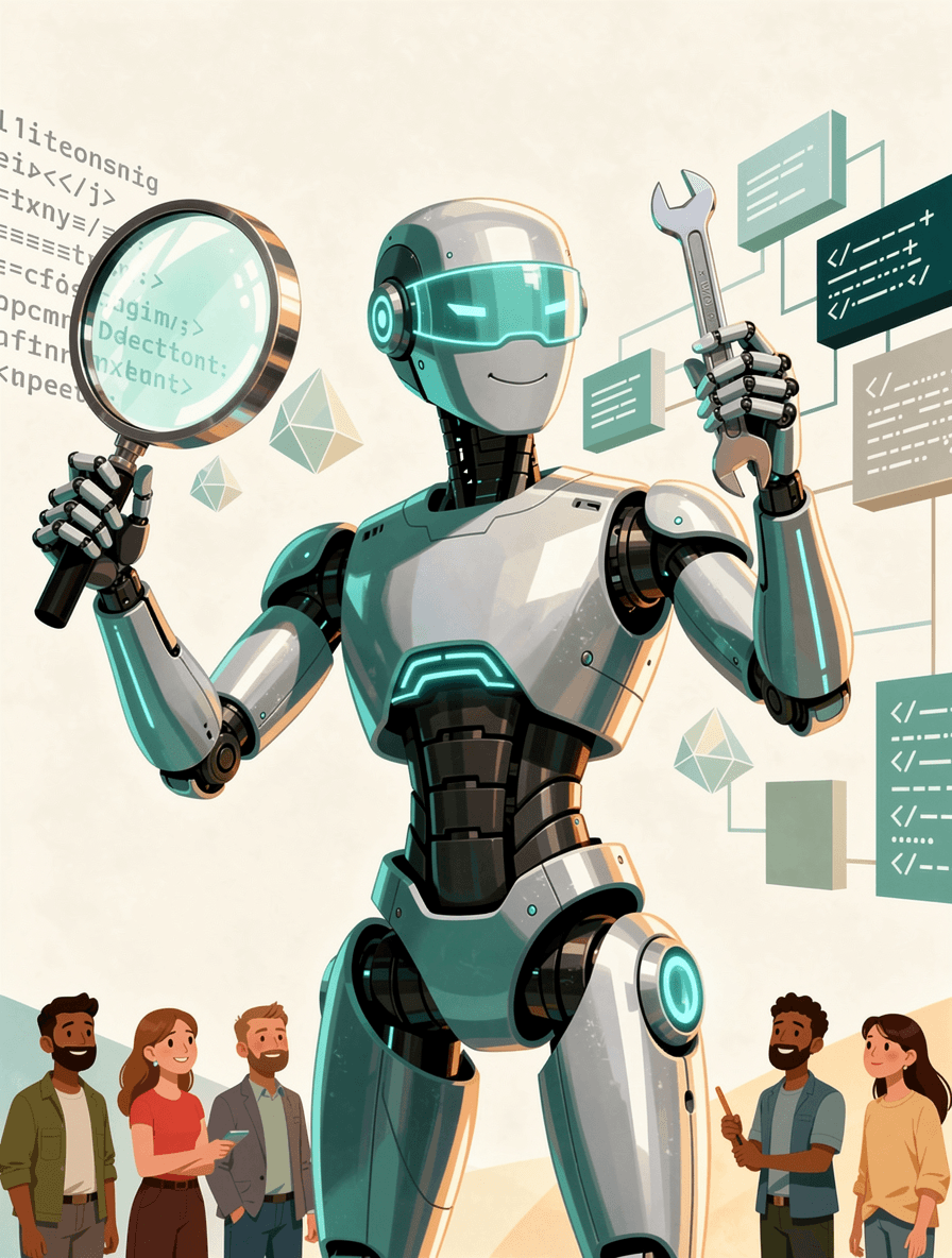 AI robot illustration with detection magnifying glass in one hand and code repair wrench in other, showing fix capability