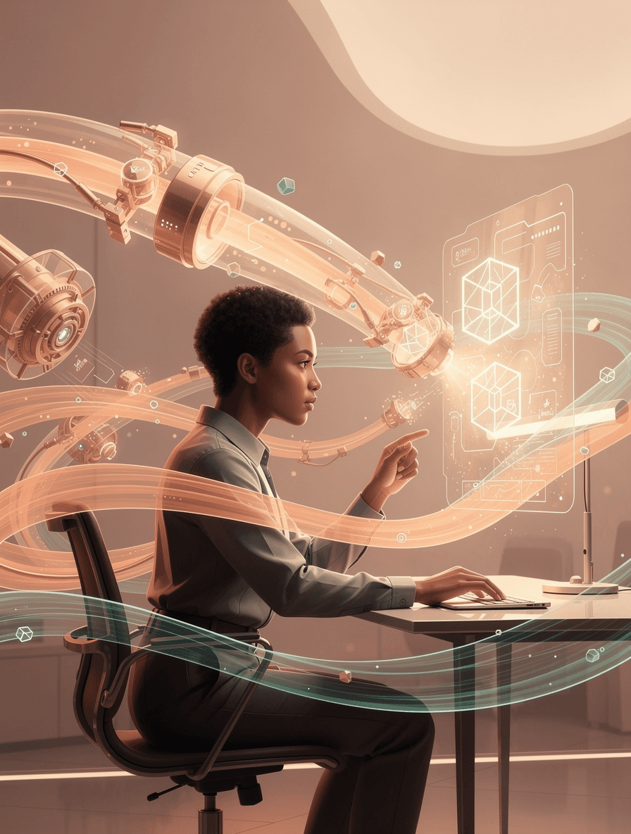 Futuristic visualization of AI and human collaboration, automated tools handling routine tasks while humans focus on judgment calls