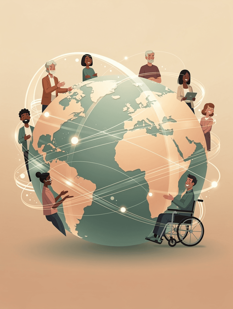 Global visualization of diverse people connected through an accessible digital network, representing the web's original promise fulfilled