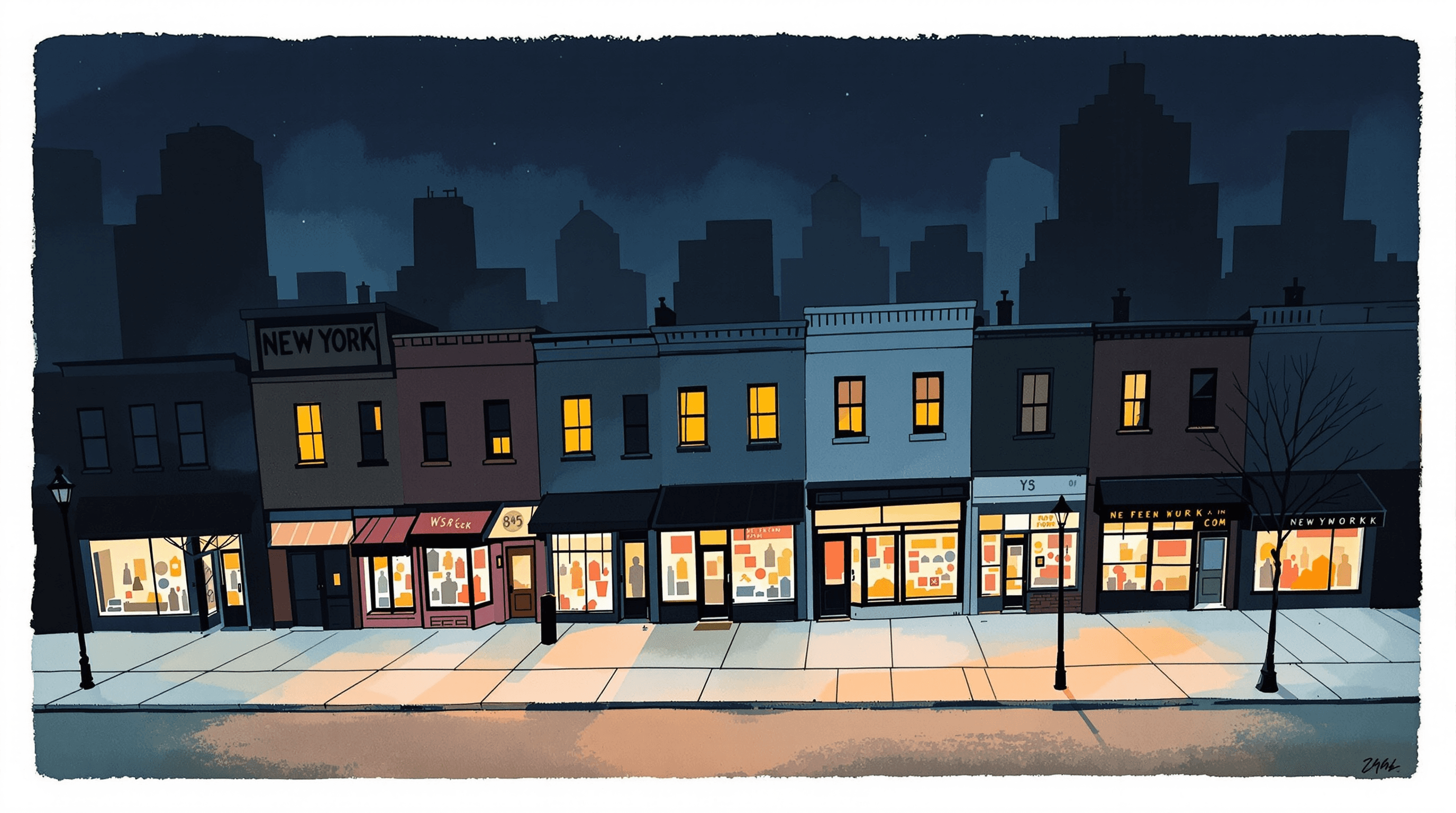 An aerial three-quarter view of a city block at dusk with a row of attached storefronts. Most are dark behind their windows; a small number β about three out of fifteen β have interior lights warmly on, glowing through the windows. Streetlamps just turning on. Painterly gouache with navy sky, dusty teal closed storefronts, and warm coral lit ones. The scene suggests the small percentage of stores actually compliant.