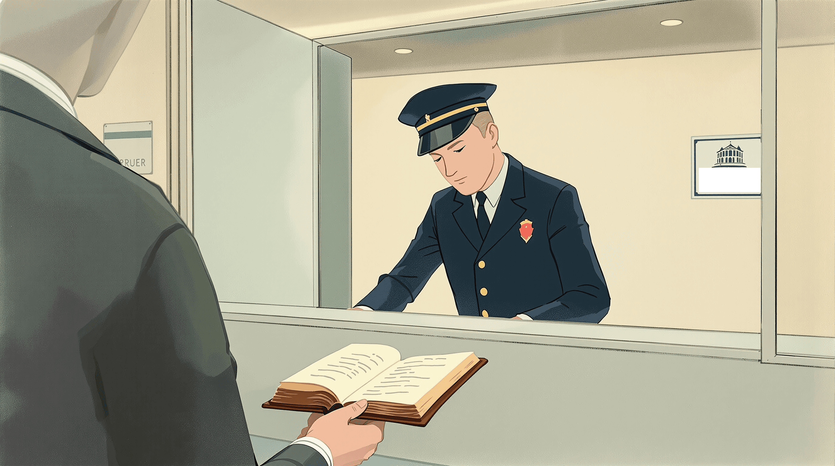 A passport-control booth at an old European airport viewed from the traveler's side. An officer in uniform behind glass leans forward to stamp a leather-bound book held open on the counter. The traveler's hand holds the book. Soft institutional lighting. Painterly gouache with cream walls, navy uniform, and coral badge. The scene suggests a procedural EU-compliance check before crossing into the market.