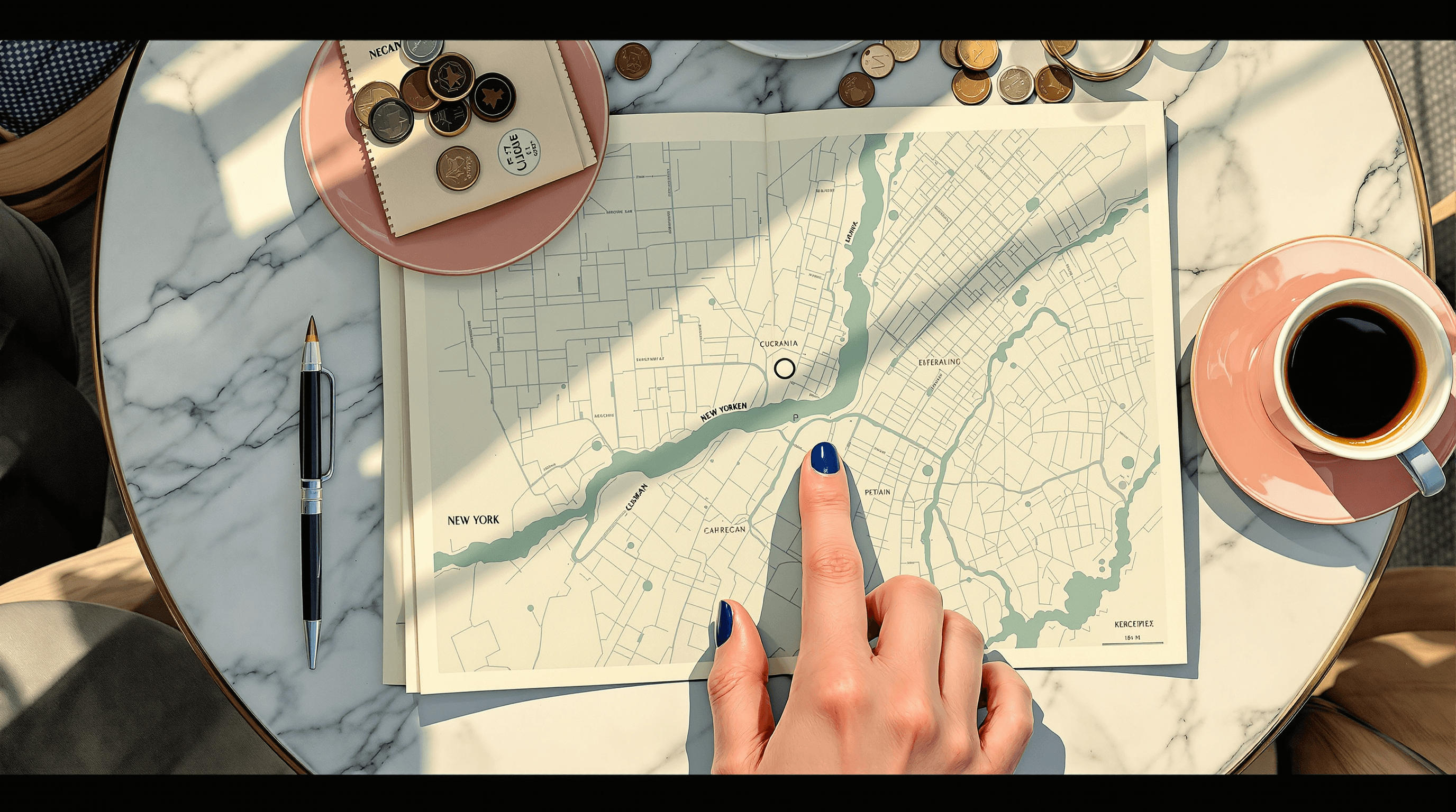 A close-up overhead view of a small marble cafΓ© table. A folded paper map is partially open; a single fingertip rests precisely on a small circular mark on the map. An espresso cup, coins, and a folded receipt sit beside it. Soft afternoon cafΓ© light. Painterly gouache with cream paper, dusty teal ink, and coral saucer. The scene suggests a touch target sized for a fingertip on a small mobile surface.