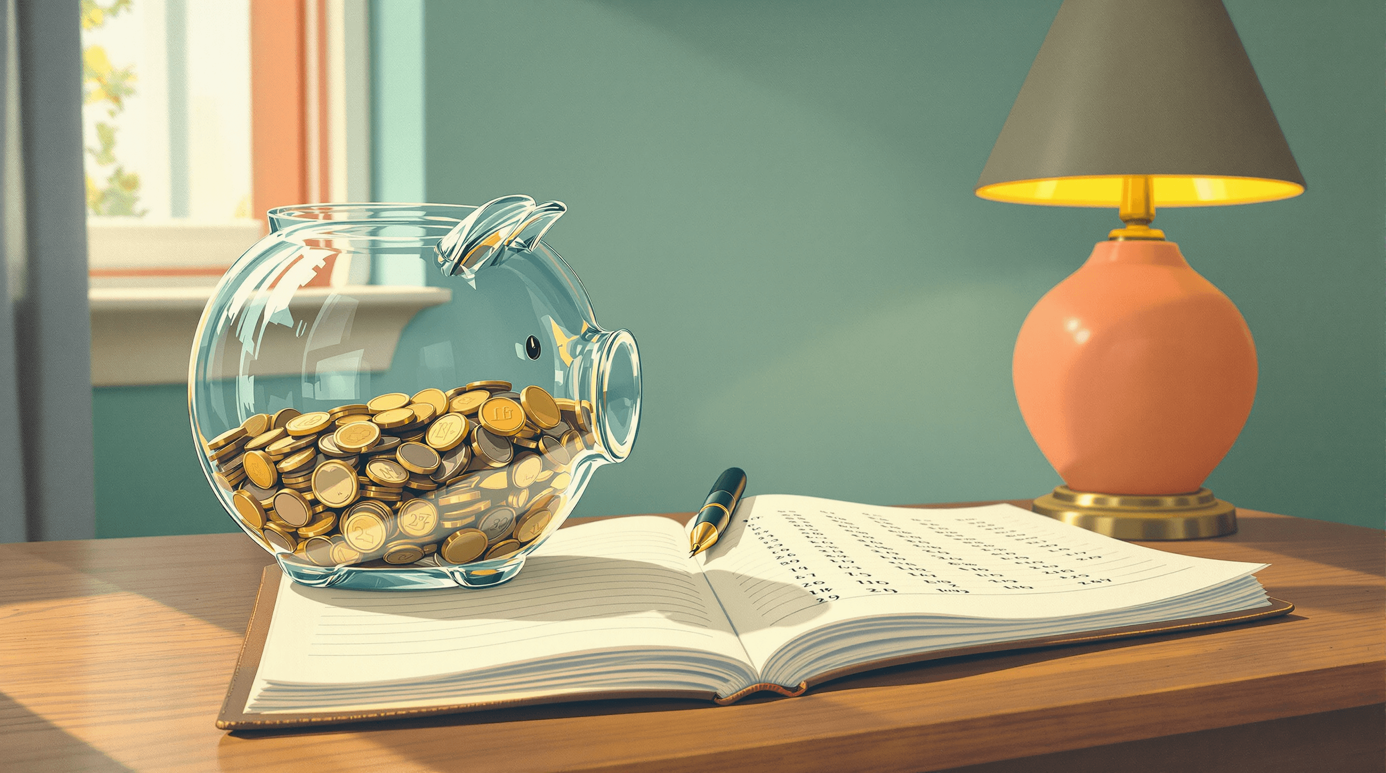 A close-up of a clear glass piggy bank on a wooden desk in soft afternoon light. Coins are visible in distinct layers inside. Beside it, an open leather-bound notebook shows abstract column-and-row sketches with a fountain pen resting on the page. A reading lamp glows behind. Painterly gouache with warm wood, dusty teal walls, and brass coins. The scene suggests honest accounting of the true cost.