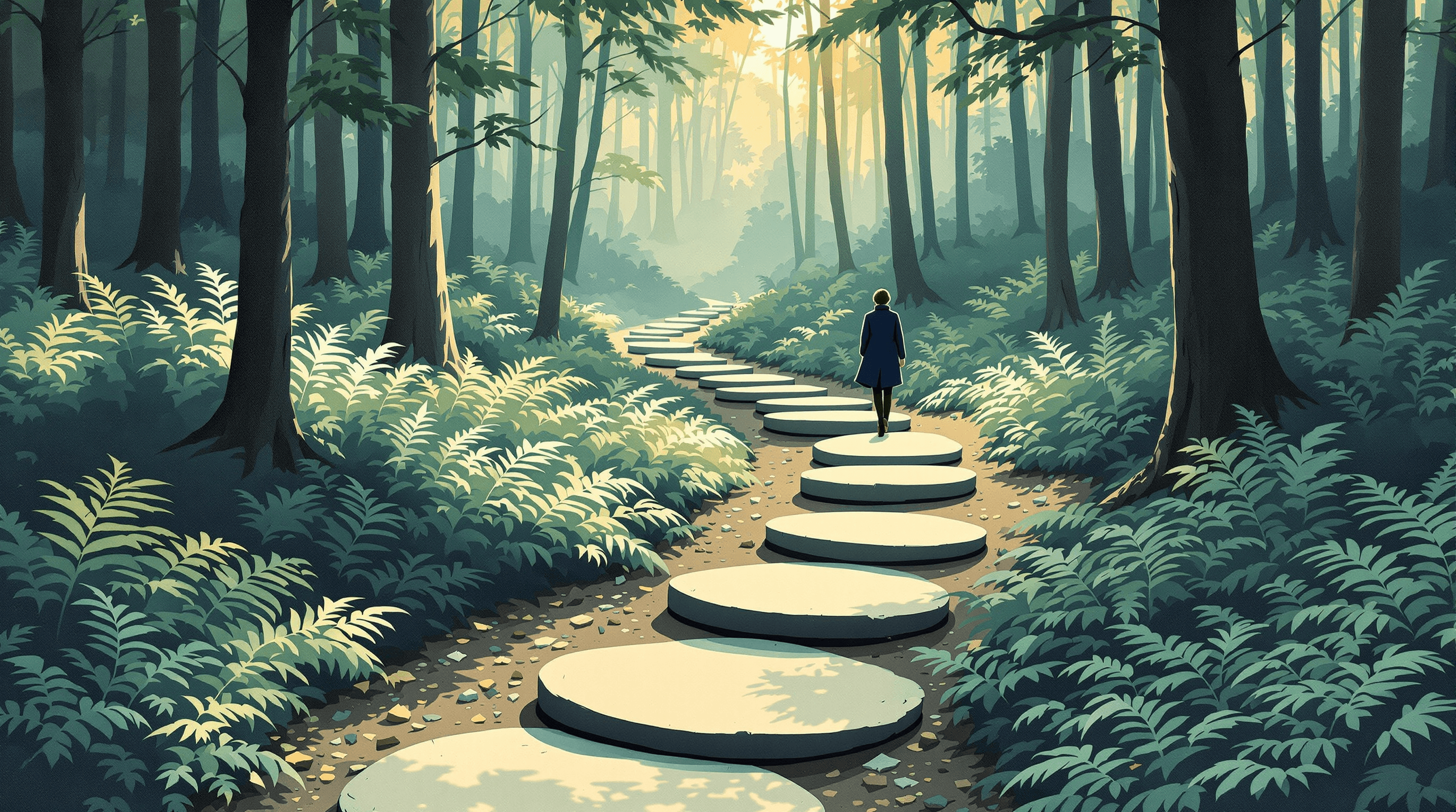 A wooded path at morning. A series of round stepping stones lead away from the viewer along a curved trail through ferns. A single coated figure is mid-walk on the third stone, looking forward. Sunlight filters through trees. Painterly gouache with dusty teal forest, oatmeal stones, and amber light. The scene suggests a clearly-marked thirty-step path through what otherwise looks daunting.