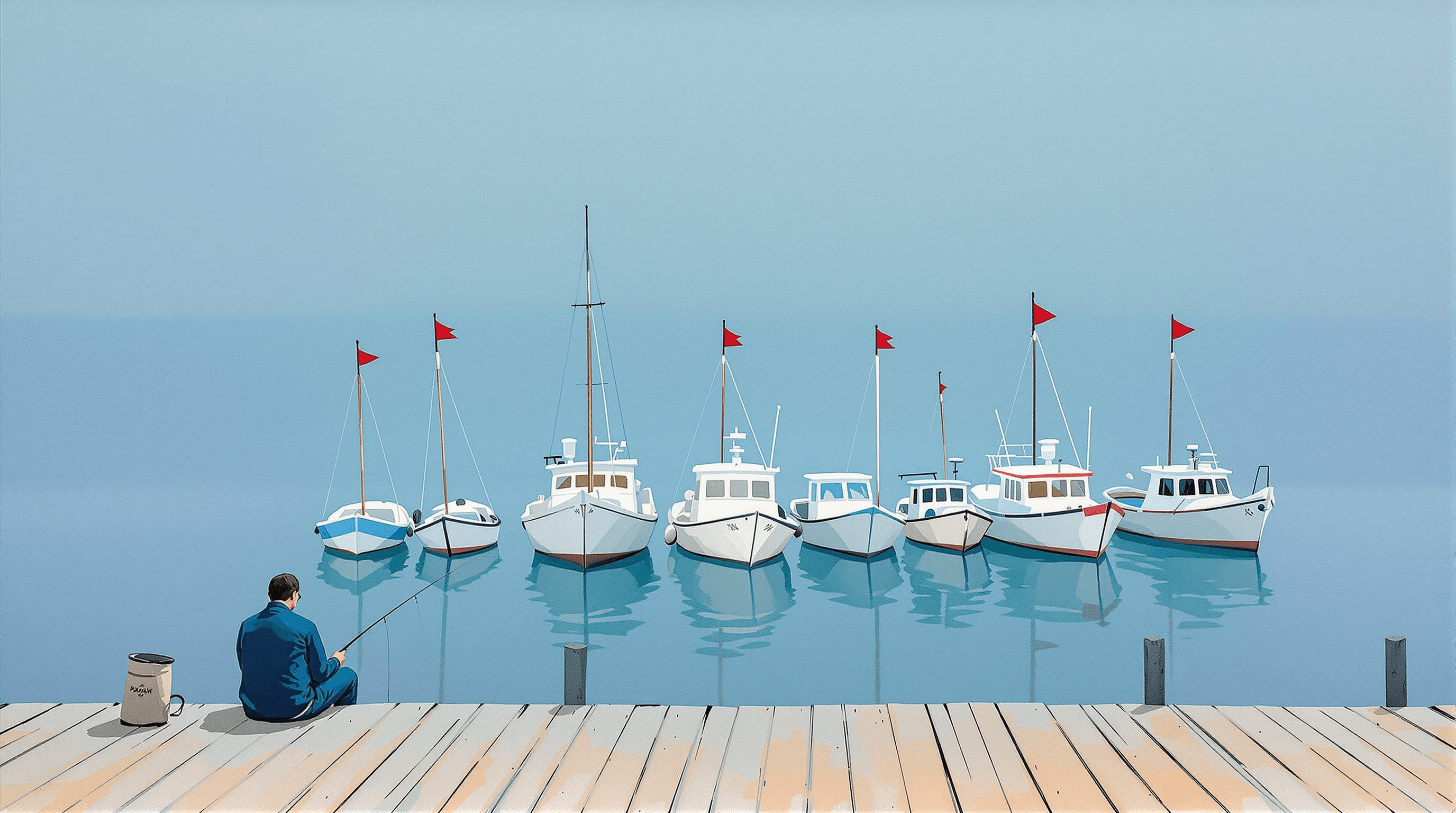 A wide view of a small wooden fishing pier at early morning. Seven modest fishing boats are tied up along the pier, all similar in size. Three have small triangular flags drawn taut at their masts in the breeze; the others have no flags. A lone fisherman sits with his back to the viewer. Painterly gouache with dawn blue, warm wood, and coral flags. The scene suggests certain small operators singled out for litigation.