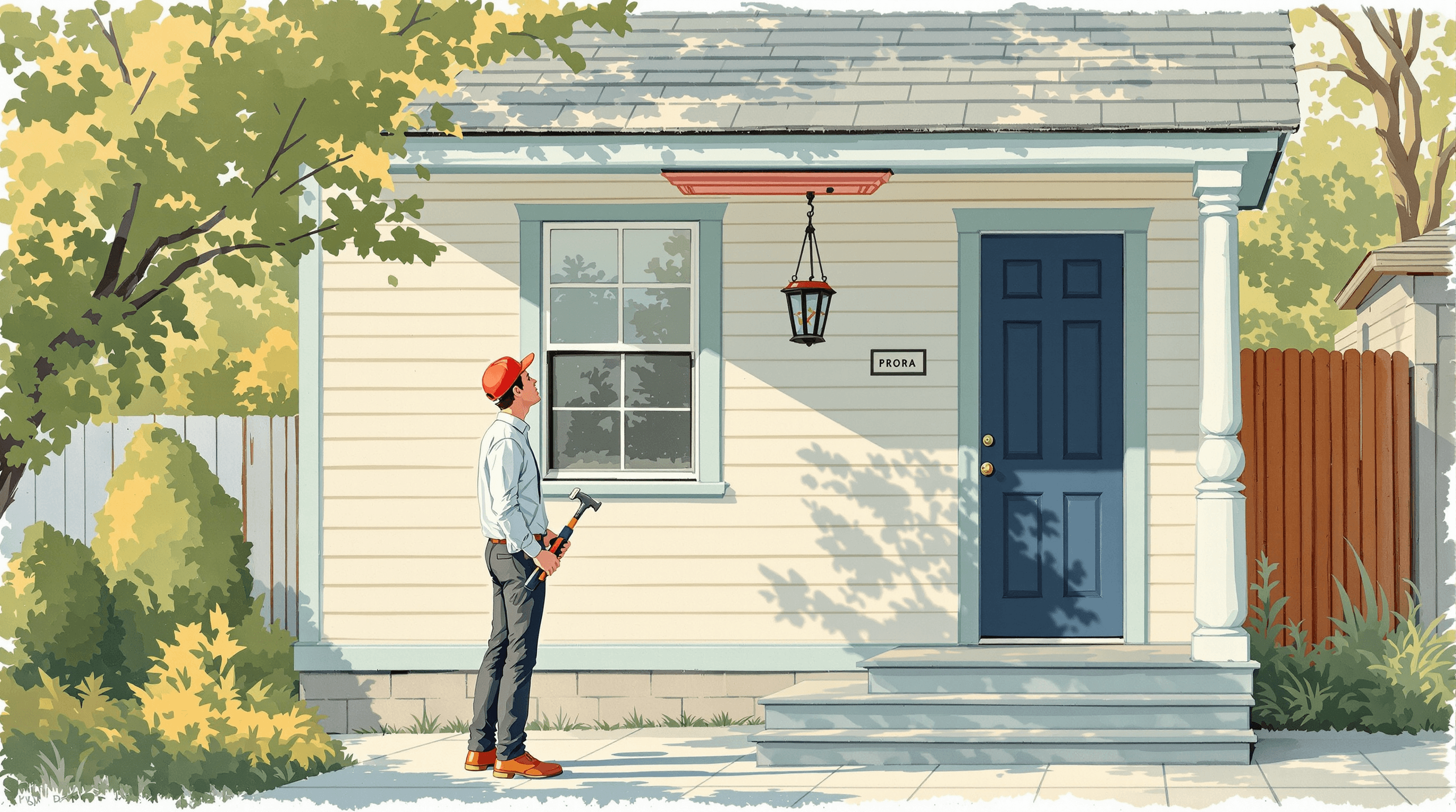 The front porch of a tidy small home. A homeowner stands holding a small tool, looking up at an awkward decorative trim element another contractor has installed that doesn't match the rest. Their expression is patient, considering. The home has visible accessible architecture. Painterly gouache with cream siding, dusty teal trim, and a coral mismatched fixture. The scene suggests a platform working around third-party-app installations.