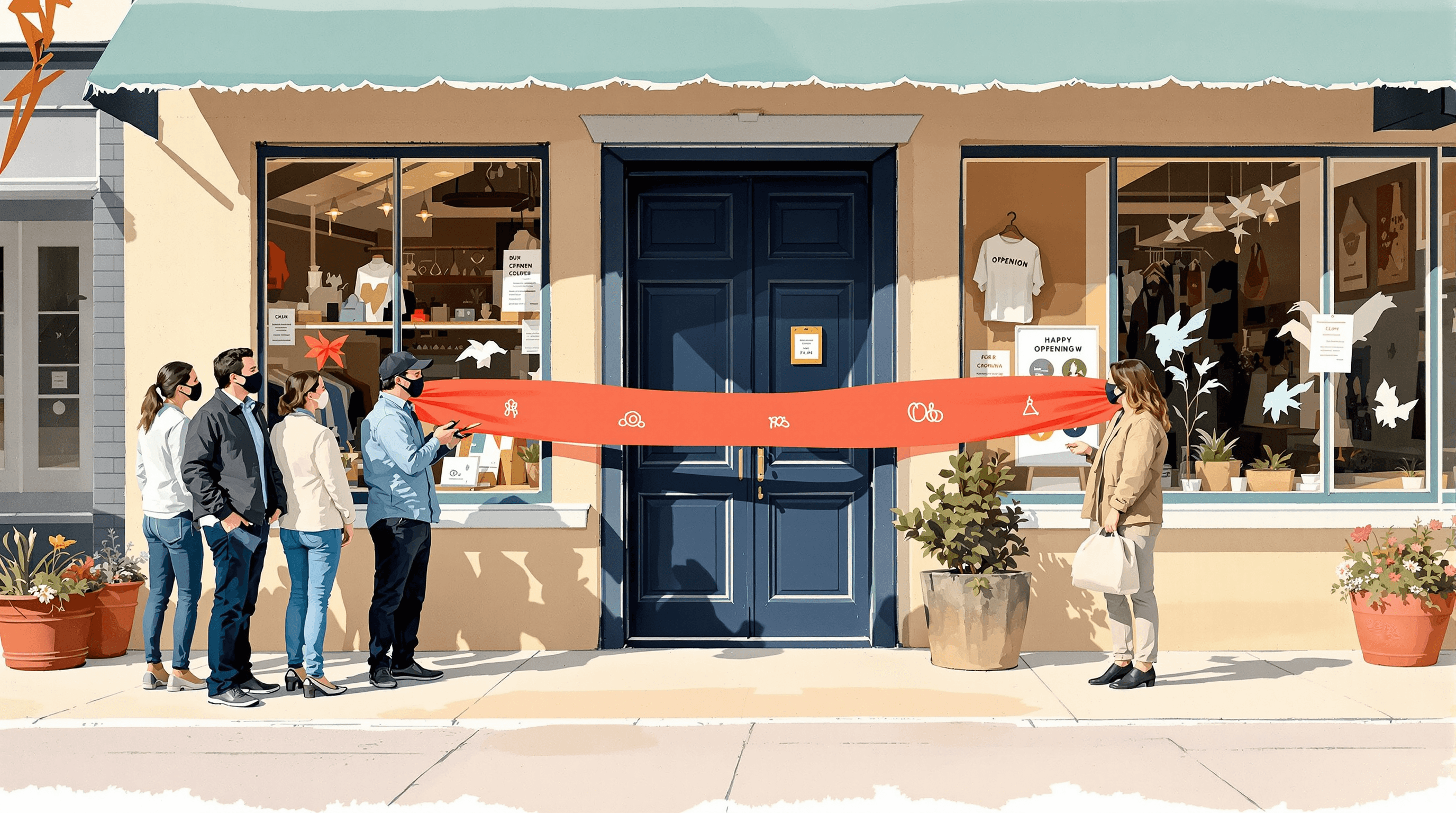 The exterior of a new small shop at midday opening day. A wide coral ribbon is stretched across the doorway, with small embroidered abstract symbols woven through. A young owner holds ceremonial scissors mid-cut. A small group of well-wishers stands to the sides, including one figure with a service dog. Painterly gouache with cream sidewalk, navy door, and coral ribbon. The scene suggests opening with accessibility woven into the ceremony from day one.