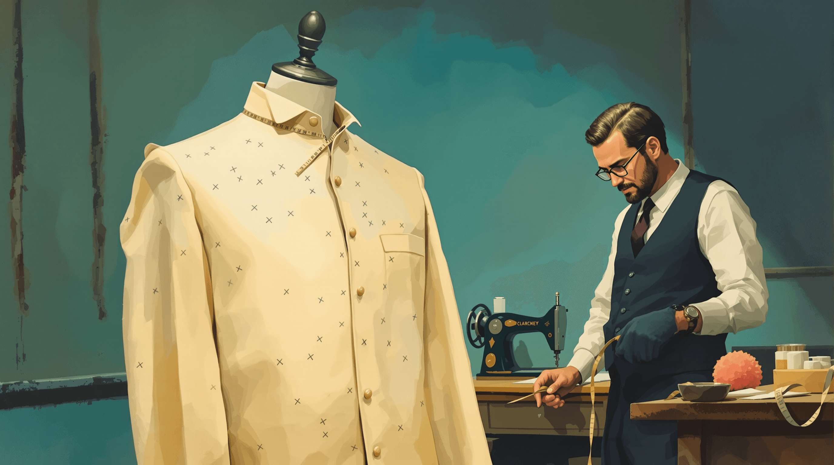 A tailor's workshop at evening. A dummy stands draped with a well-made cream garment marked with many small chalk lines, pin-flags, and tape-measure indicators along its hem, sleeves, and collar. The tailor leans in with a measuring tape, focused. A sewing machine sits behind. Painterly gouache with cream garment, dusty teal walls, and coral pincushion. The scene suggests careful many-small-adjustments to an already well-made base.