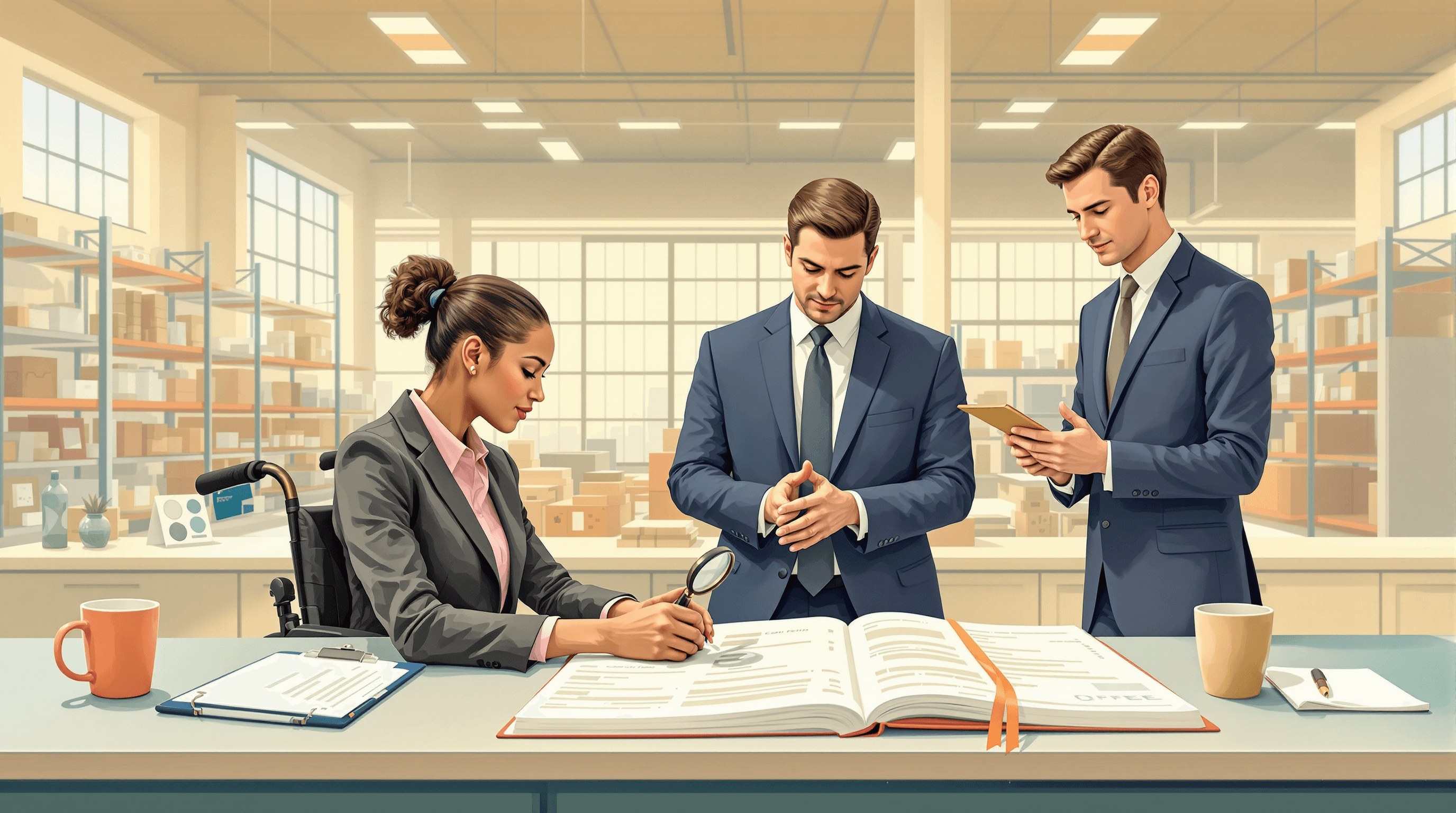 The interior of a polished commercial wholesale showroom. At the center, a wheelchair-using buyer in business attire reviews a large bound order catalog spread on a counter, holding a magnifying loupe over one entry. A wholesale clerk stands across the counter, attentive. Tall industrial windows behind. Painterly gouache with cream warehouse, dusty teal counter, navy attire, coral ribbon, and brass loupe. The scene suggests a B2B wholesale portal with full accessibility for business buyers.