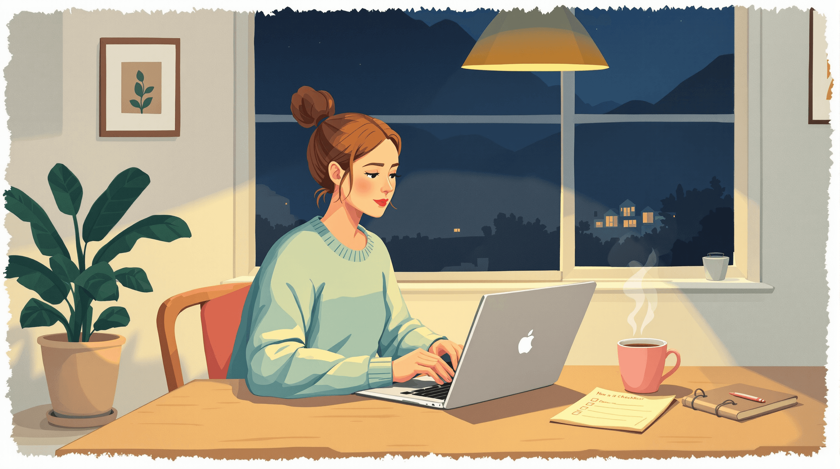 A small kitchen at evening, lamp-lit. A single founder in sweater sits at a wooden kitchen table, laptop open. Beside the laptop, a hand-written checklist on a yellow legal pad sits next to a steaming mug of tea. The kitchen is modest, well-loved β a houseplant and small framed picture visible. The founder's expression is focused, calm. Painterly gouache with warm wood, dusty teal sweater, navy night, and coral mug. The scene suggests a solo founder steadily working through accessibility alone at night.