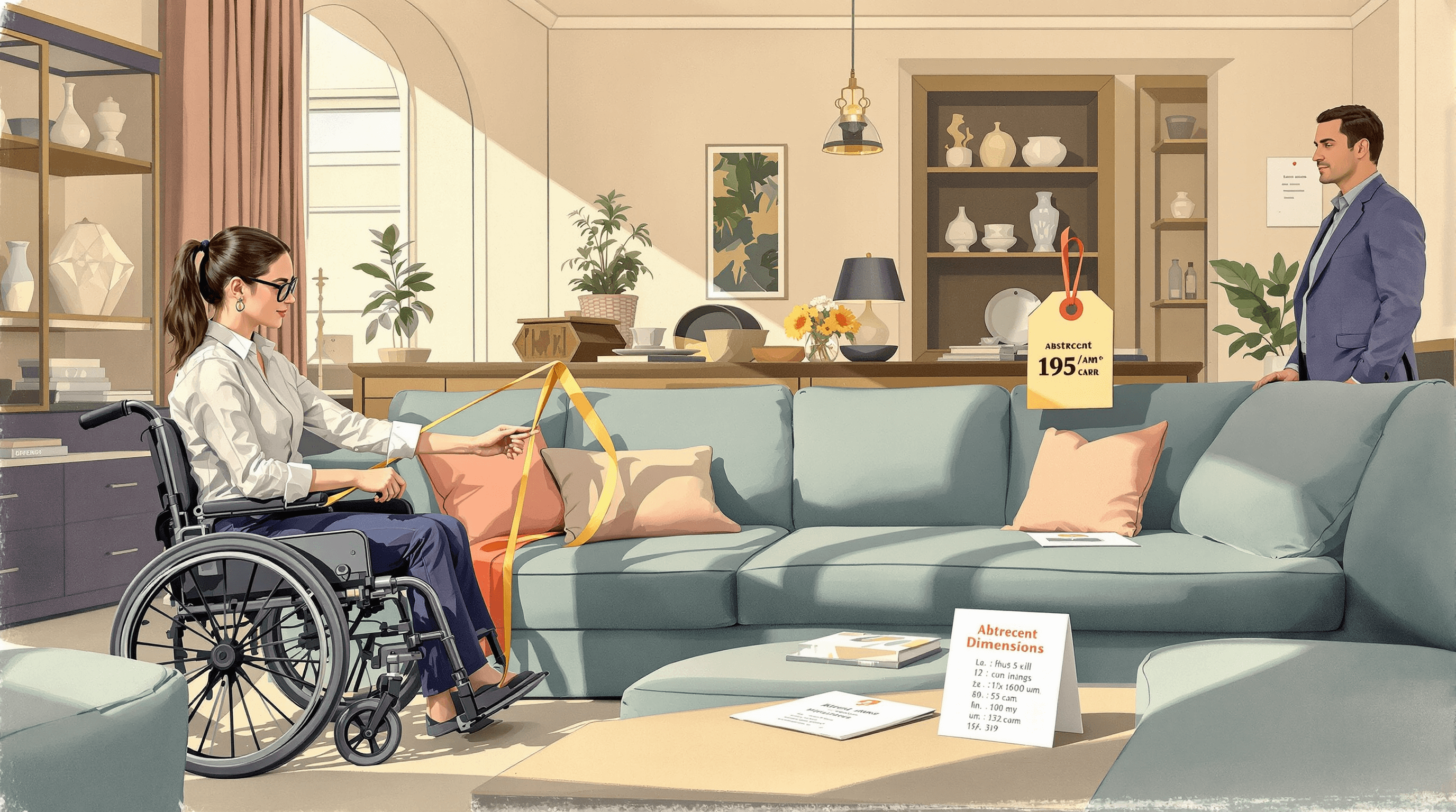 The interior of an upscale furniture showroom at midday. A wheelchair-using customer holds a carpenter's tape measure stretched against a beautiful sofa, examining its dimensions. Beside the sofa, a polished wooden tag hangs with abstract dimensions clearly displayed, with an accompanying detail-card propped on the seat. A salesperson stands nearby, patient. Painterly gouache with cream walls, dusty teal upholstery, navy attire, and coral tag ribbon. The scene suggests furniture products with clearly accessible dimensional information.