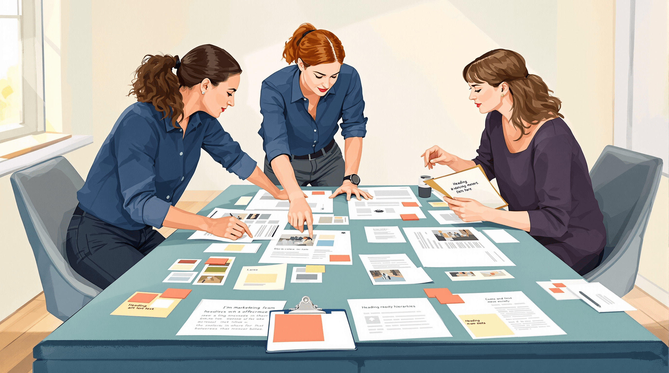 A small editorial conference room at midday. Three marketing-team members lean over a wide table covered in printed page layouts, color swatches, and photos. One person points to a specific layout element; another holds up a photo with handwritten alt-text on a sticky note attached; the third holds a clipboard reviewing heading hierarchies. No screens visible. Painterly gouache with cream layouts, dusty teal table, navy attire, and coral sticky notes. The scene suggests marketing teams owning content-layer accessibility without engineering involvement.