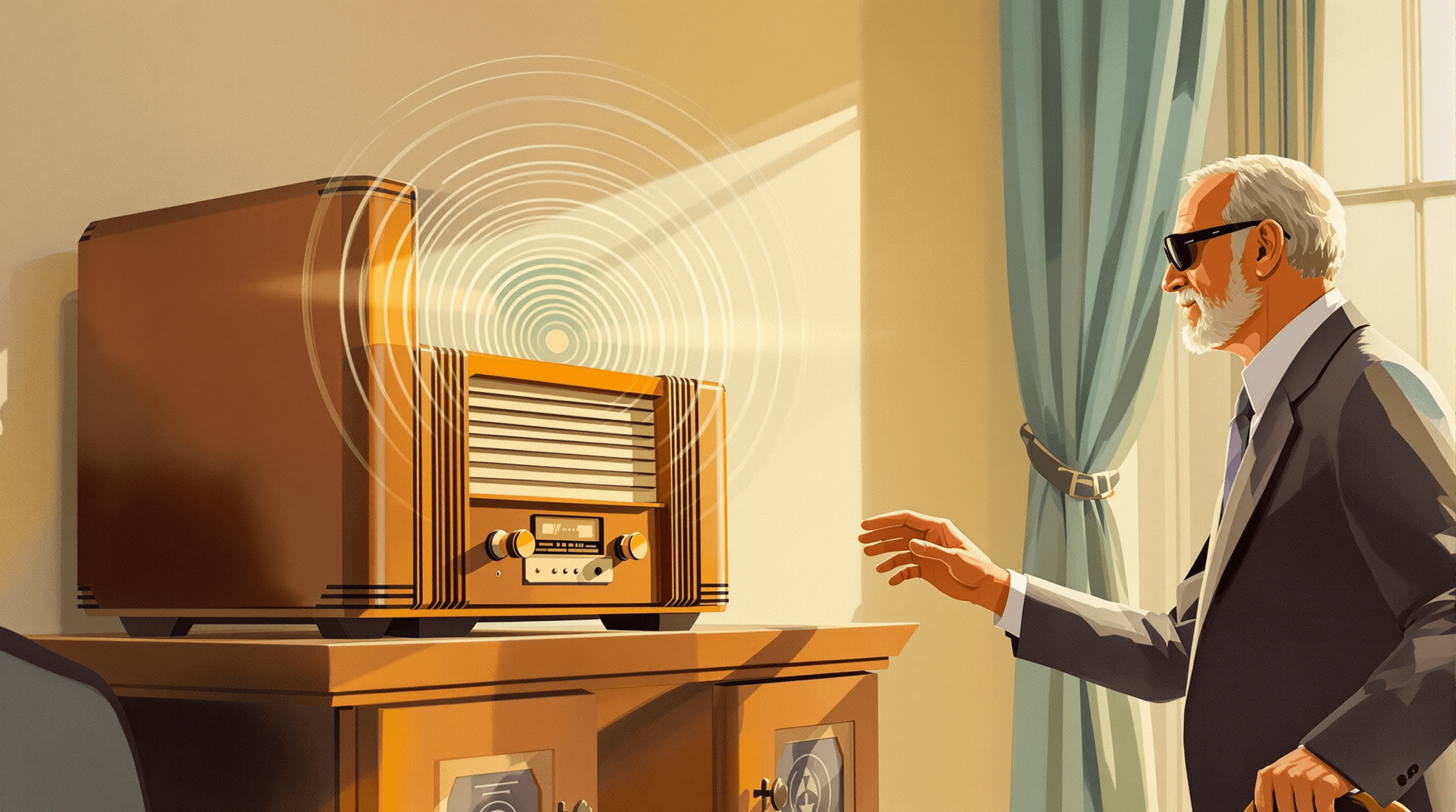 A close-up view of a beautiful art-deco vintage radio cabinet on a wooden shelf. Faint concentric sound waves drift outward from the speaker grille. A man with a cane and dark sunglasses approaches from the right, hand outstretched lightly toward the radio β listening but also navigating. Painterly gouache with warm wood, oatmeal walls, dusty teal chair, and coral status light. The scene suggests voice-search and accessibility working together β the same content readable in multiple modalities.