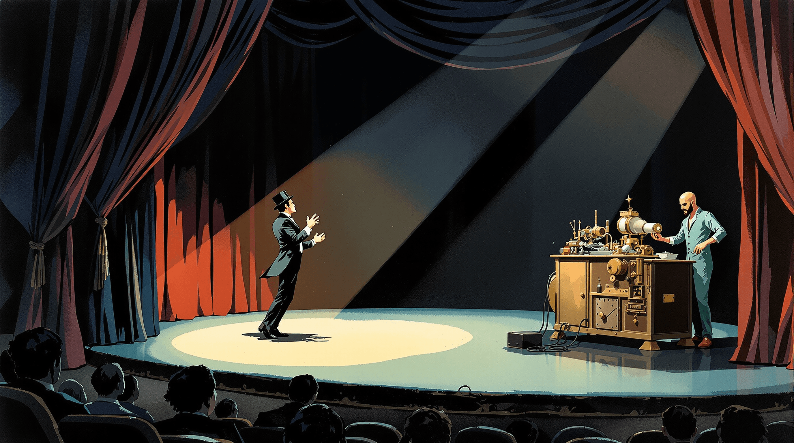 A small intimate vaudeville-era theatre stage. A magician in formal attire performs a flashy theatrical gesture under bright spotlight. In the wings to the side, a stagehand in plain work clothes calmly operates a real mechanical apparatus with practiced focus β the actual machinery that creates the effect. Audience seats partly visible. Painterly gouache with navy curtains, coral spotlight, dusty teal stagehand, and brass machinery. The scene suggests separating AI marketing flash from the real practical mechanism behind it.