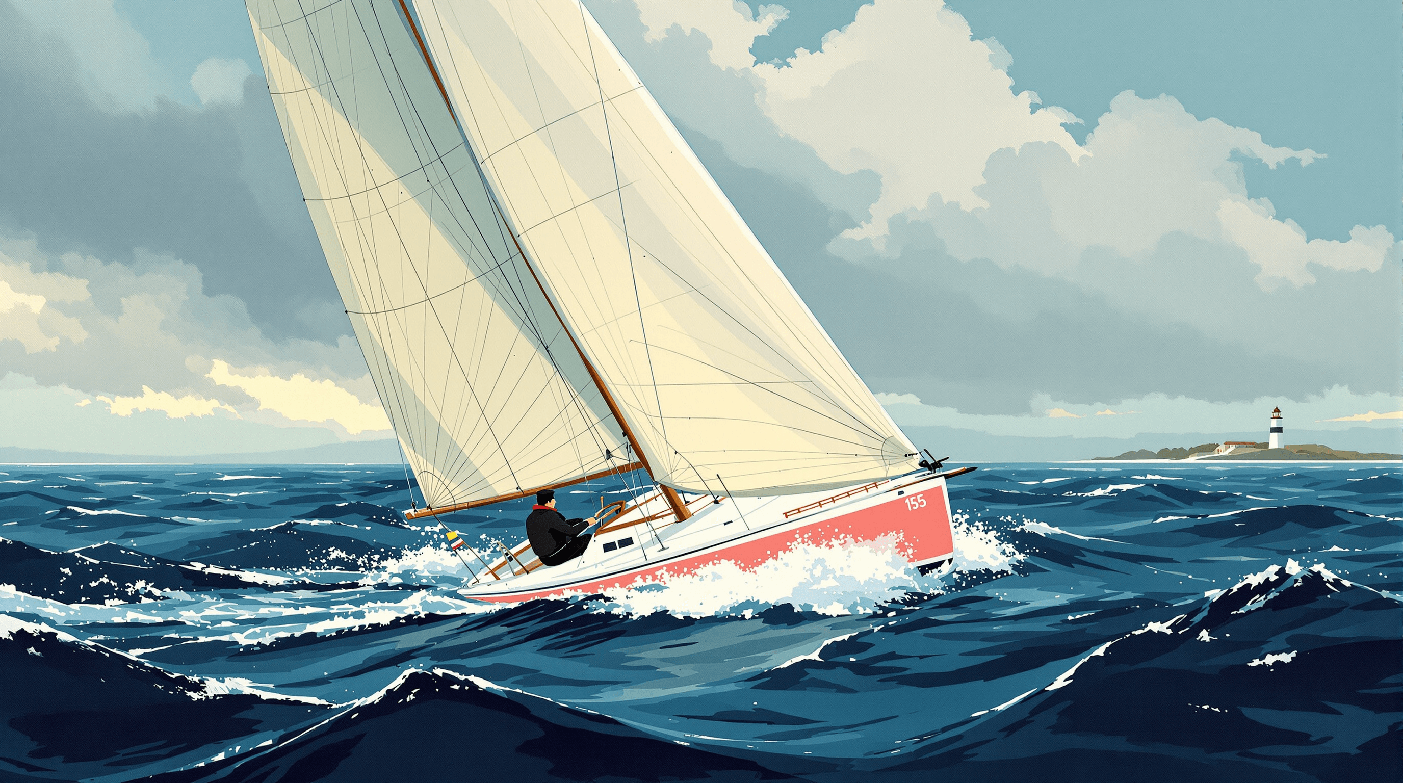 A wide view of a small racing sailboat heeled against a strong wind, cutting across choppy navy-blue water. A single sailor in a sou'wester sits at the tiller with a steady, experienced grip. The sail is full and taut, the bow cutting cleanly through a wave. A distant lighthouse marks the destination. Late afternoon. Painterly gouache with navy water, dusty teal storm sky, oatmeal sail, and coral hull stripe. The scene suggests fast remediation with experienced hand at the helm against a deadline.