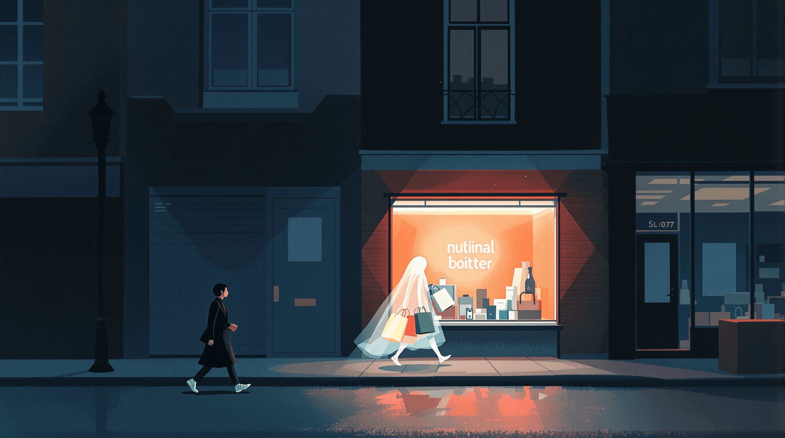 A small marketplace street at night. A faintly translucent ghostly figure with the suggestion of a long coat moves down the sidewalk holding multiple shopping bags. It pauses in front of one specific brightly-lit storefront whose interior glows warmly, picking up a parcel from the doorstep. Adjacent storefronts are dark inside. A real human pedestrian walks past, oblivious. Painterly gouache with navy night, coral chosen-storefront glow, dusty teal closed storefronts, and translucent teal AI figure. The scene suggests AI shopping agents discovering only the storefronts that are truly visible to them.