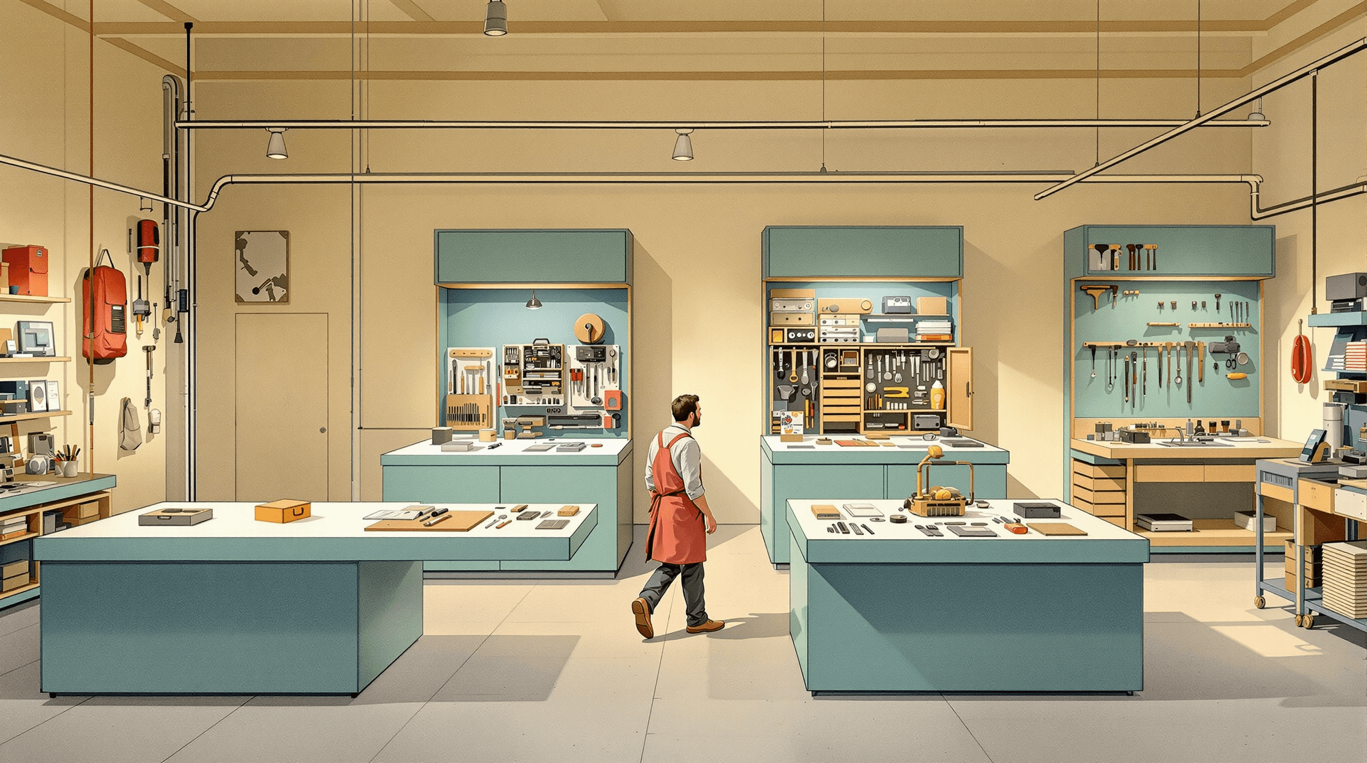 The interior of a beautifully-organized hardware store at midday. Four wide display platforms recede into the depth of the store, each showing increasing levels of tool sophistication: a single handheld diagnostic tool; a tool plus leather notebook; a complete open carrying-case toolkit; a full custom-fit workshop bench with machine and lighting. A craftsman in apron walks toward the fourth. Painterly gouache with cream walls, dusty teal platforms, brass-and-wood tools, and coral apron. The scene depicts the four tiers of accessibility tooling β scanner, advisor, remediator, platform.