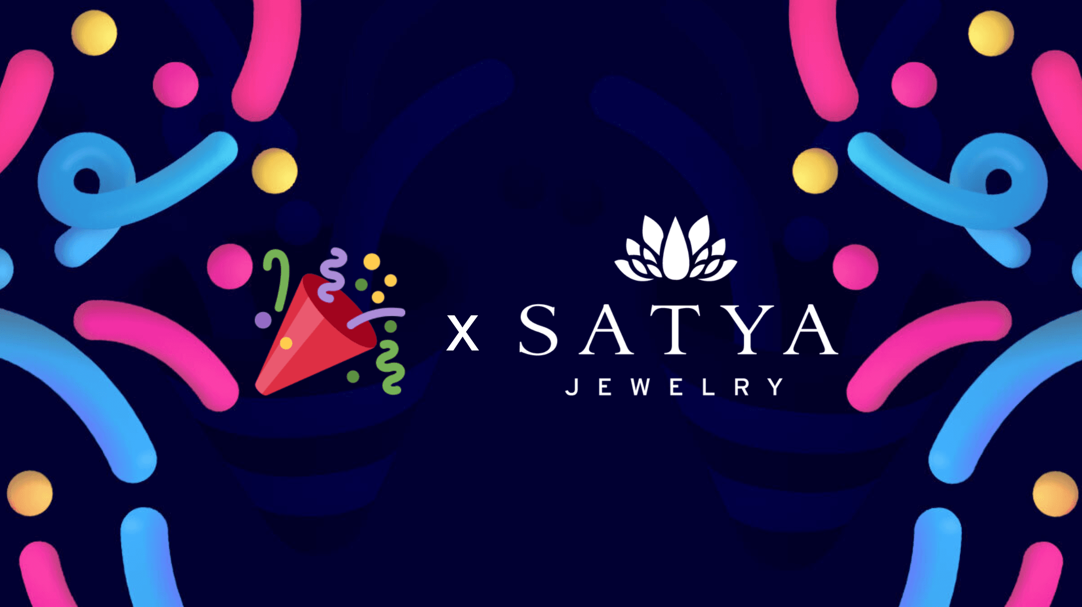 TestParty x Satya Jewelry partnership graphic. A party popper emoji and the white Satya Jewelry logo (a lotus flower above 'SATYA JEWELRY' text) joined by an 'x', set against a dark navy background decorated with colorful pink, blue, and yellow confetti and streamer shapes.