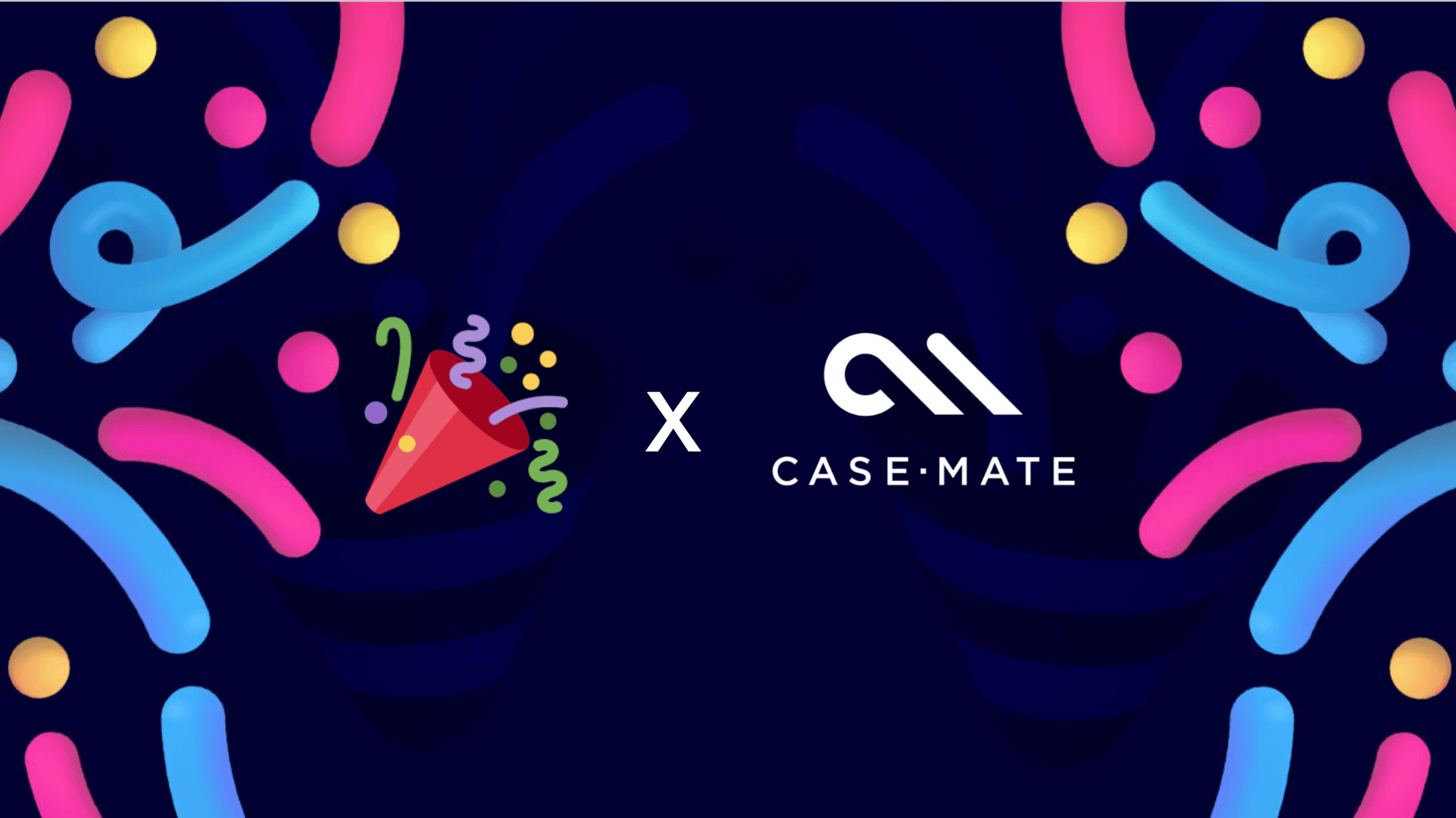 TestParty x Case-Mate partnership graphic. A party popper emoji and the white Case-Mate logo (a stylized double-arc icon above 'CASE·MATE' text) joined by an 'x', set against a dark navy background decorated with colorful pink, blue, and yellow confetti and streamer shapes.