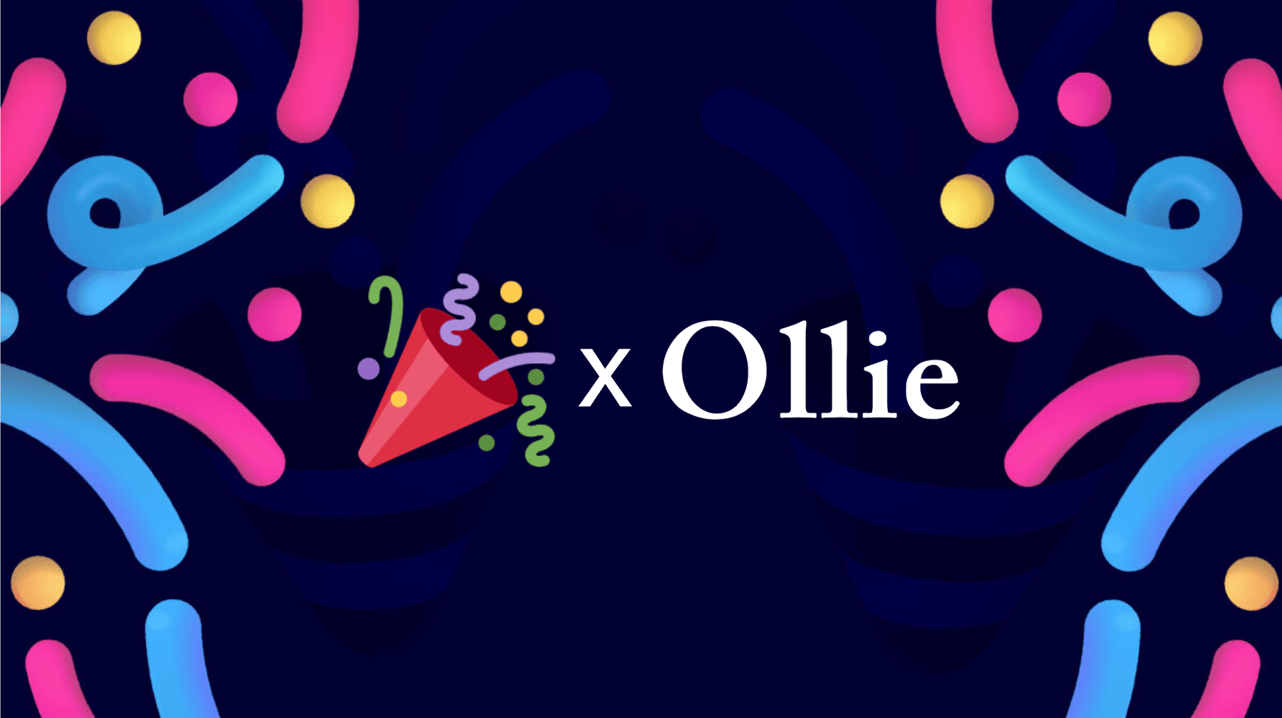 TestParty x Ollie partnership graphic. A party popper emoji and the word 'Ollie' in white serif lettering joined by an 'x', set against a dark navy background decorated with colorful pink, blue, and yellow confetti and streamer shapes.