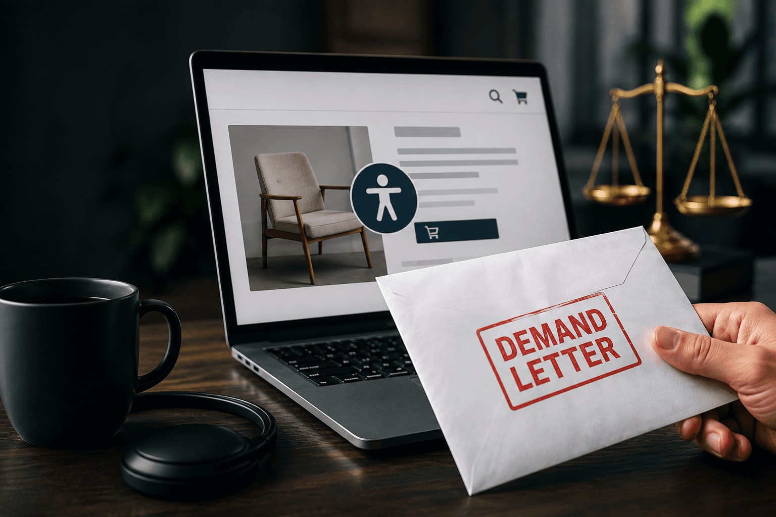 Laptop displaying an ecommerce product page with an accessibility icon, beside a hand holding a “Demand Letter” envelope and scales of justice in the background.