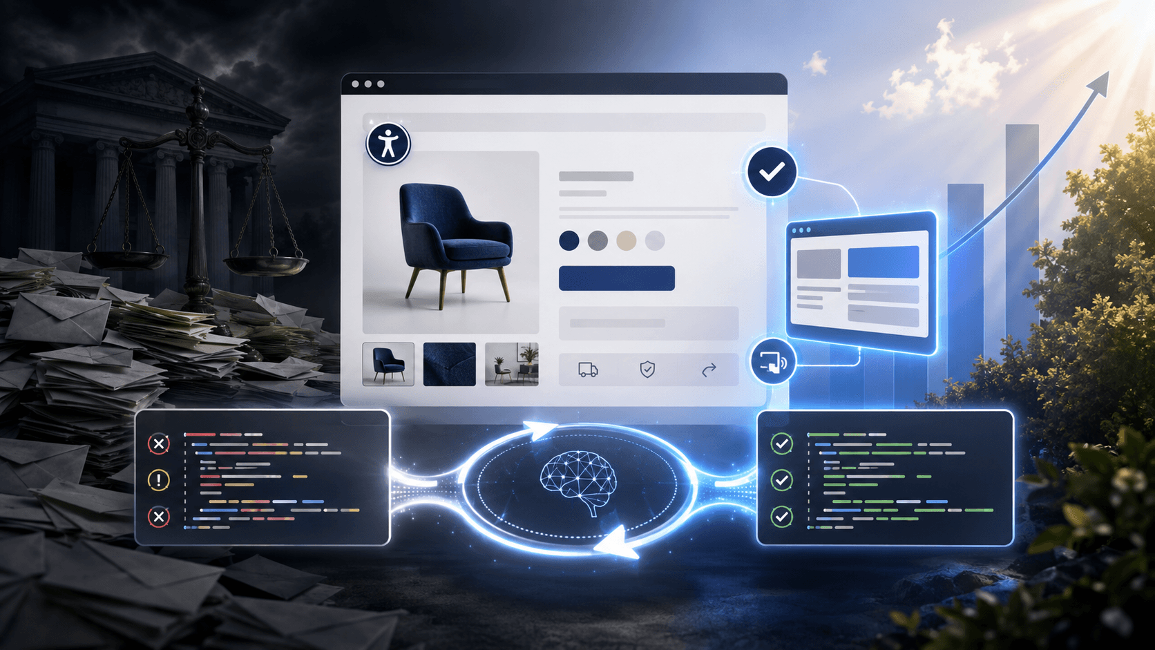 Illustration of an e-commerce website being repaired by an AI-powered accessibility system, transforming code errors into compliant fixes, with legal documents and scales of justice on one side and rising growth on the other.