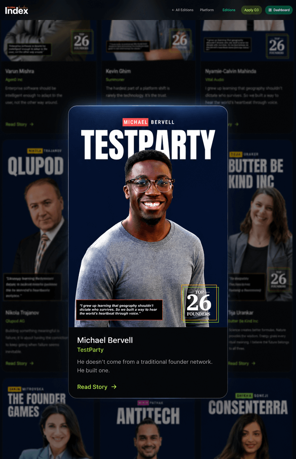 Founder Index webpage featuring Michael Bervell of TestParty as a Top 26 Founder, with his portrait centered on a dark blue profile card over a blurred grid of other founder profiles.