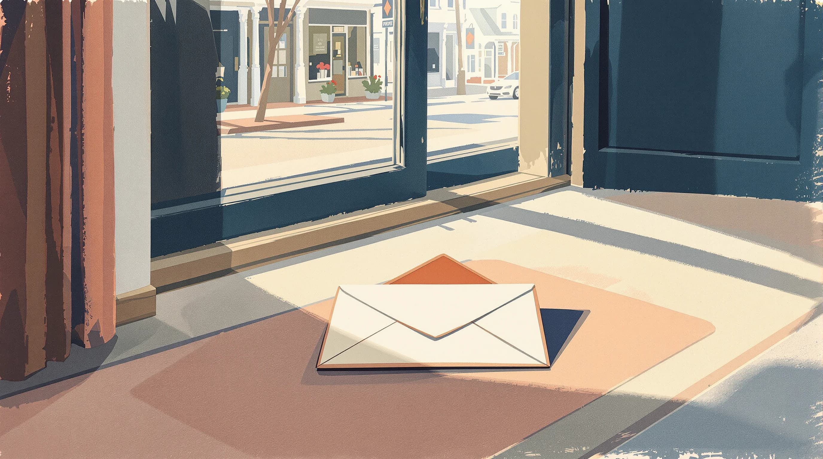 Seen from inside a small American main-street shop, looking out through a glazed door to a sunlit street of clapboard storefronts. A single formal envelope of distinctly European proportions, edged in a fine border, lies on the mat just inside, with a shopkeeper's shadow falling across it. Painterly illustration in warm cream and cool navy.