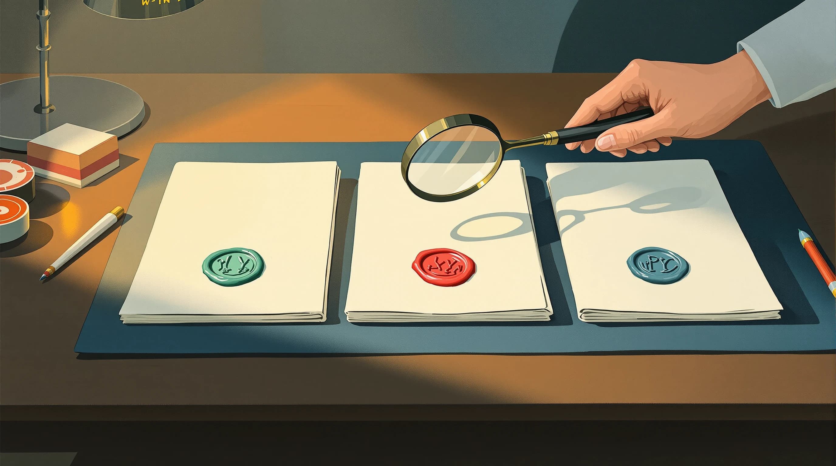 A writing desk in warm lamplight bearing three folded documents side by side, each closed with a wax seal of a different colour and impression. A hand holds a magnifier over the middle seal, comparing it with the others, while a stick of sealing wax and a taper wait at the desk's edge. Painterly illustration in cream and navy with coral wax.