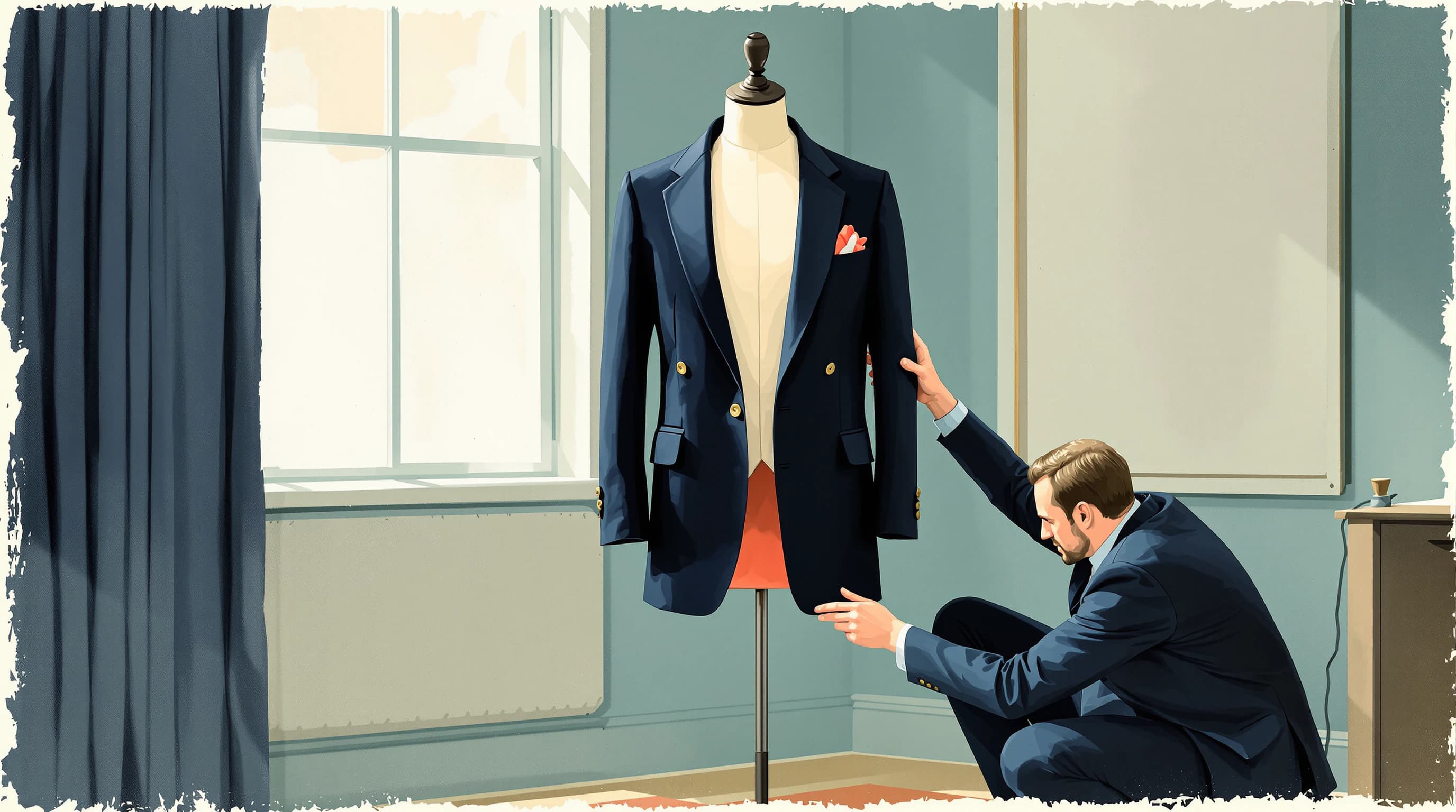 A fitting room where a tailor's dummy wears a handsome, expensively finished outer garment. An inspector crouches and lifts the hem with one hand, revealing the plain unfinished form beneath β raw canvas, exposed joins, no shaping β while the outer garment remains immaculate above. Painterly illustration in cream canvas and navy with dusty teal.
