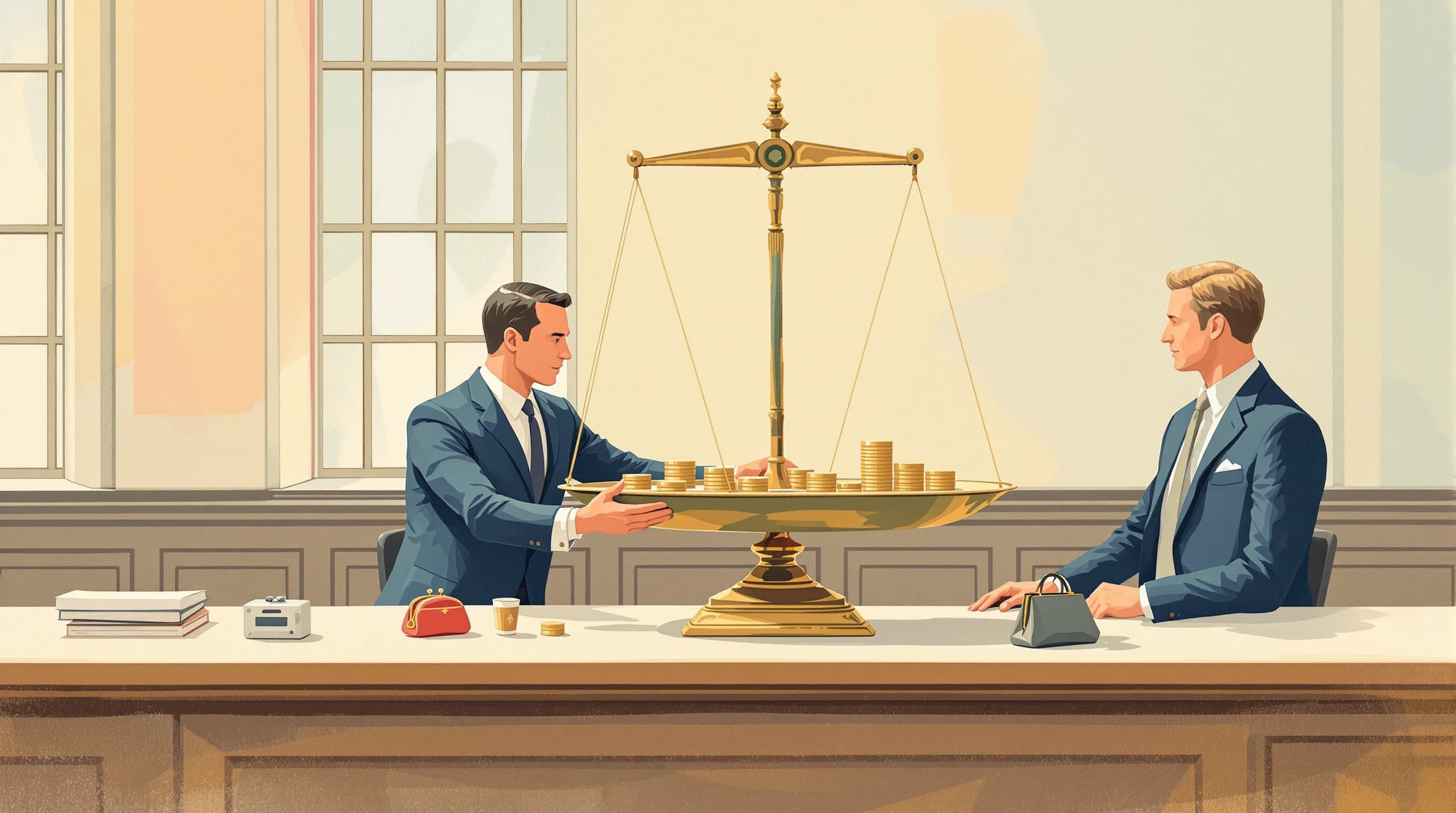 A public office counter where an official sets brass weights one by one onto the pan of a large scale while a figure on the other side watches the pan descend. A small cloth purse lies open on the counter, visibly insufficient. Painterly illustration in cream and warm brass with a navy uniform and coral purse lining.