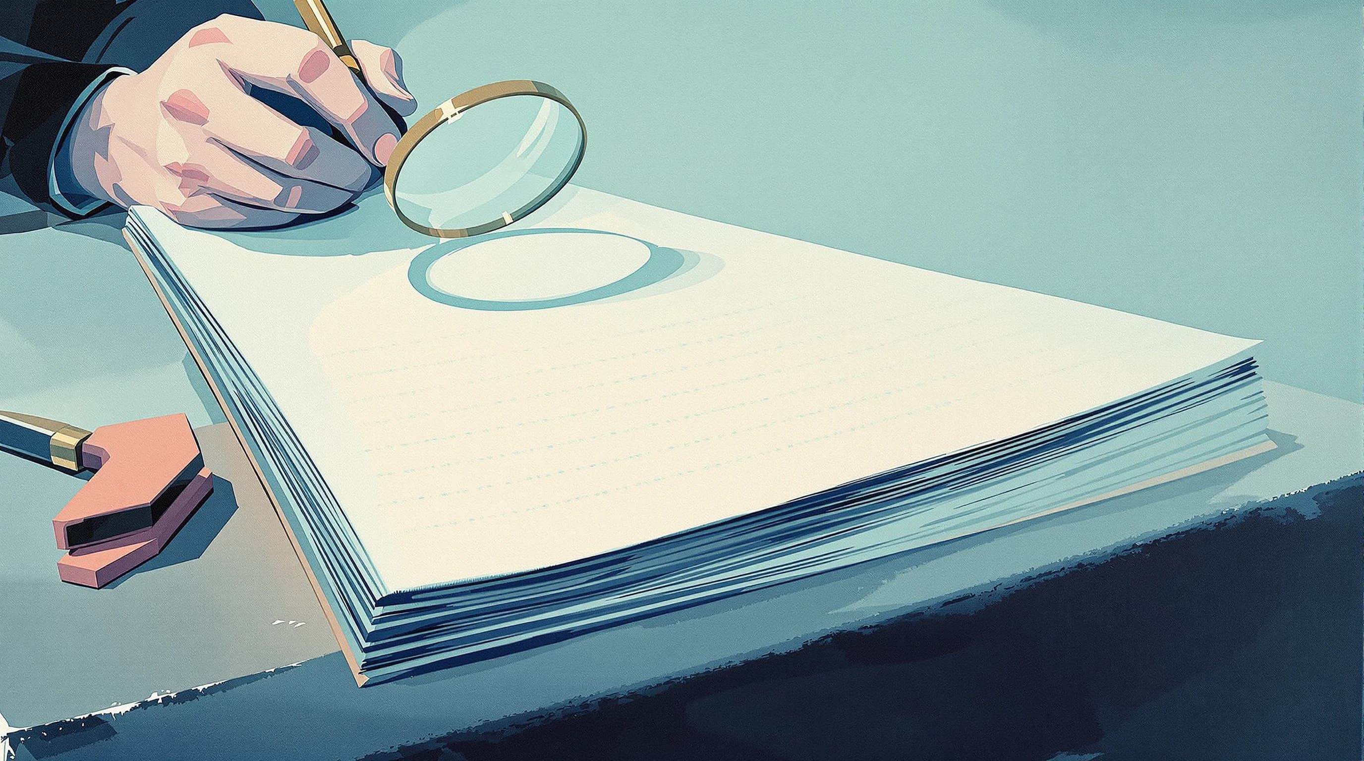 A close view of a writing desk where a single large sheet lies flat, its upper portion carrying widely spaced ruled lines while at the very foot the ruling becomes dense and minute, compressed into a thin band. A magnifier hovers over that lower band as the reader hunches close. Painterly illustration in cream and navy with a warm brass magnifier.