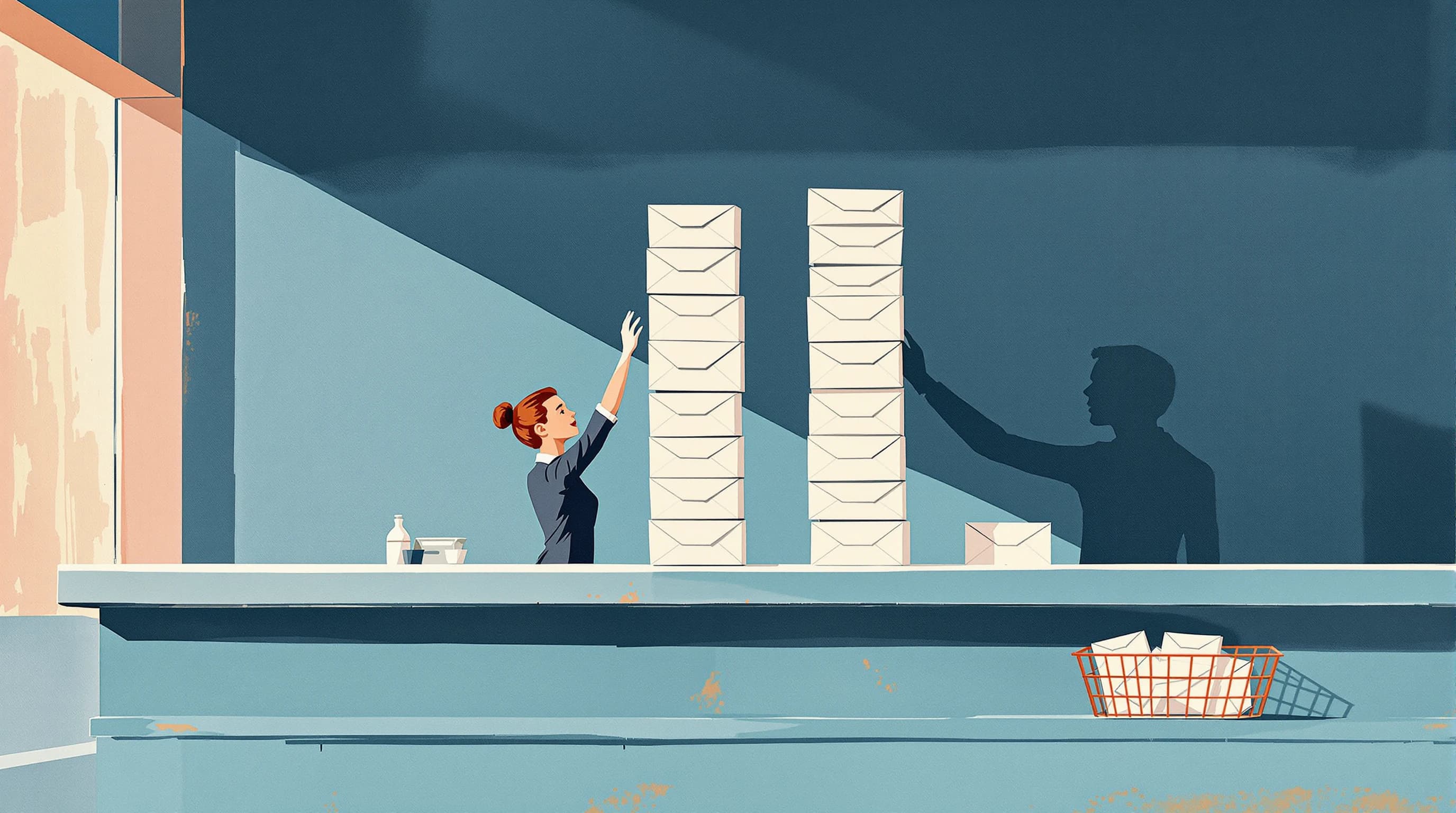 A registry counter on which formal envelopes are stacked into exactly three tall columns of unequal height, standing side by side like a small skyline. A clerk reaches up to add one more to the tallest column while a wire basket of further envelopes waits below. Painterly illustration in cream and dusty teal under cool light with a coral basket.