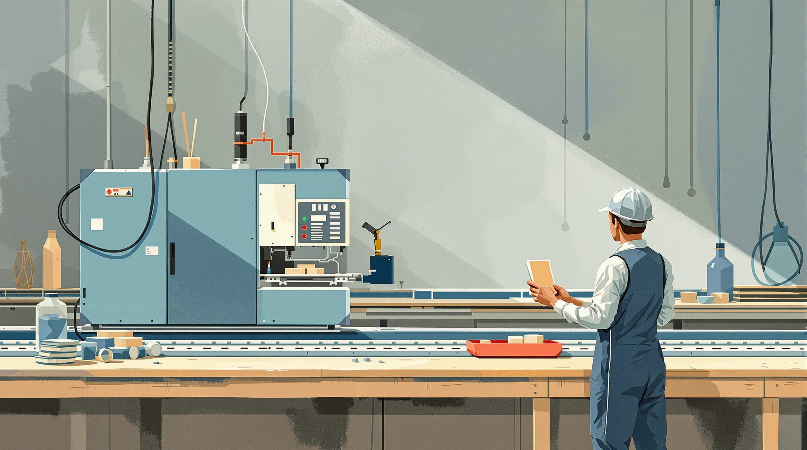 A workshop where a compact testing machine is built directly into a moving bench line. Pieces travel along, pass through the machine and continue, while a few are diverted by a small arm into a side tray, where a worker examines one of them. Painterly illustration in warm timber and dusty teal with a coral tray.