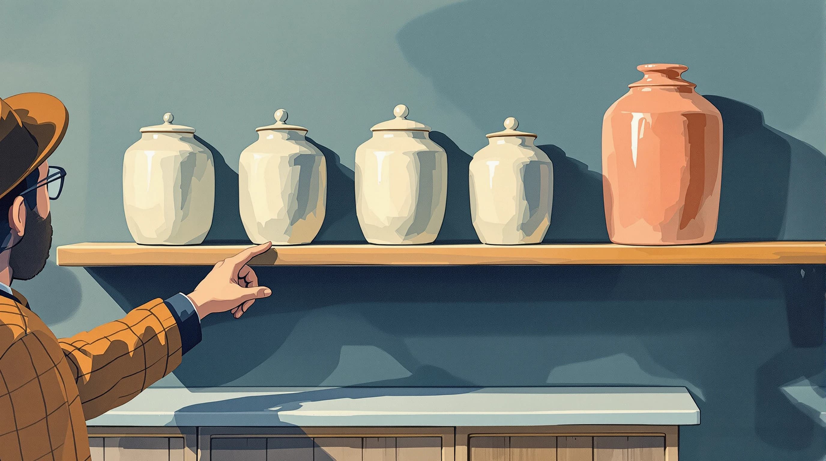 A shop shelf at eye level holding seven stoneware jars in a line. The frontmost jar is the most handsomely glazed and best lit, but a customer's hand reaches past it toward a plainer jar further along the shelf, fingers already closing, as the shopkeeper watches from the side. Painterly illustration in cream glaze and dusty teal.