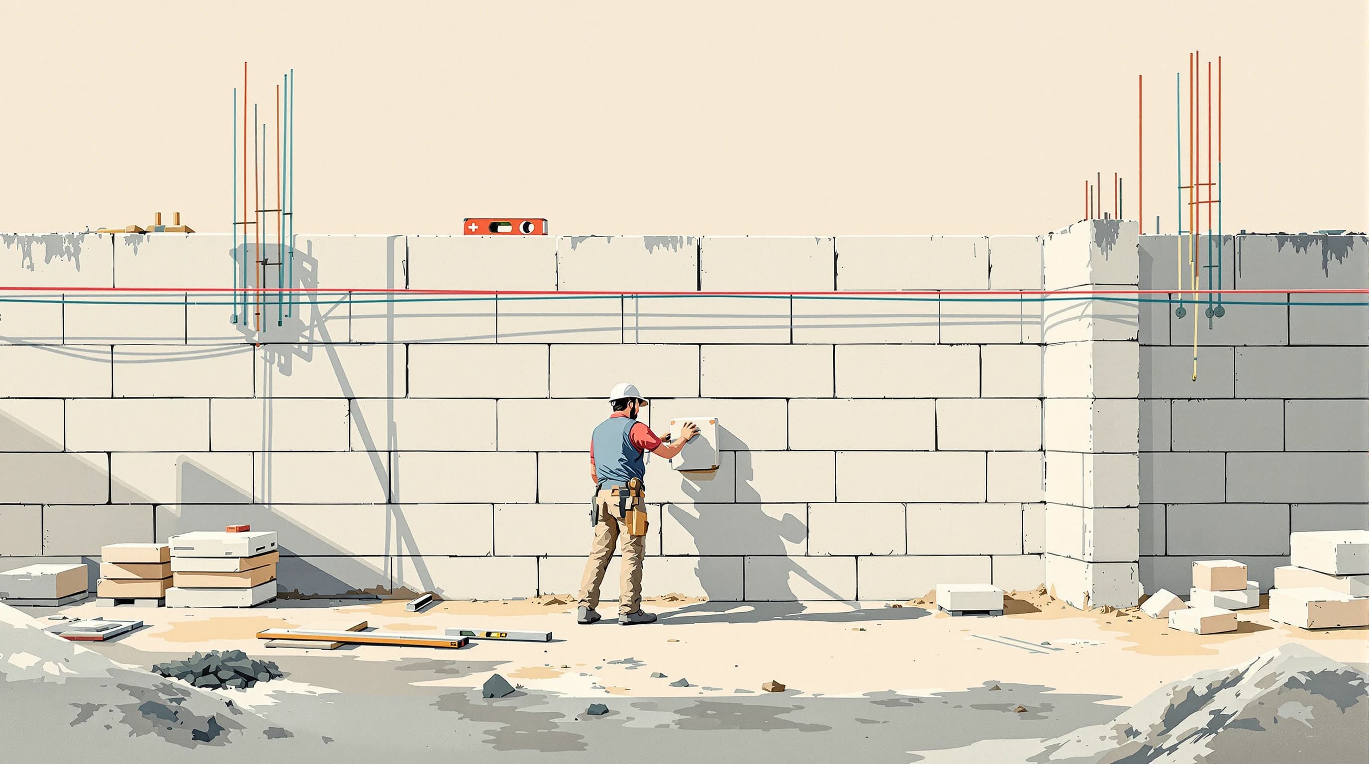 A building site in clear morning light where the first courses of a wall are being laid true. A mason sets a block while a taut string line and a long spirit level run along the course, both clearly in use, the wall only knee high but dead straight, with materials stacked in order behind. Painterly illustration in cream stone and dusty teal.