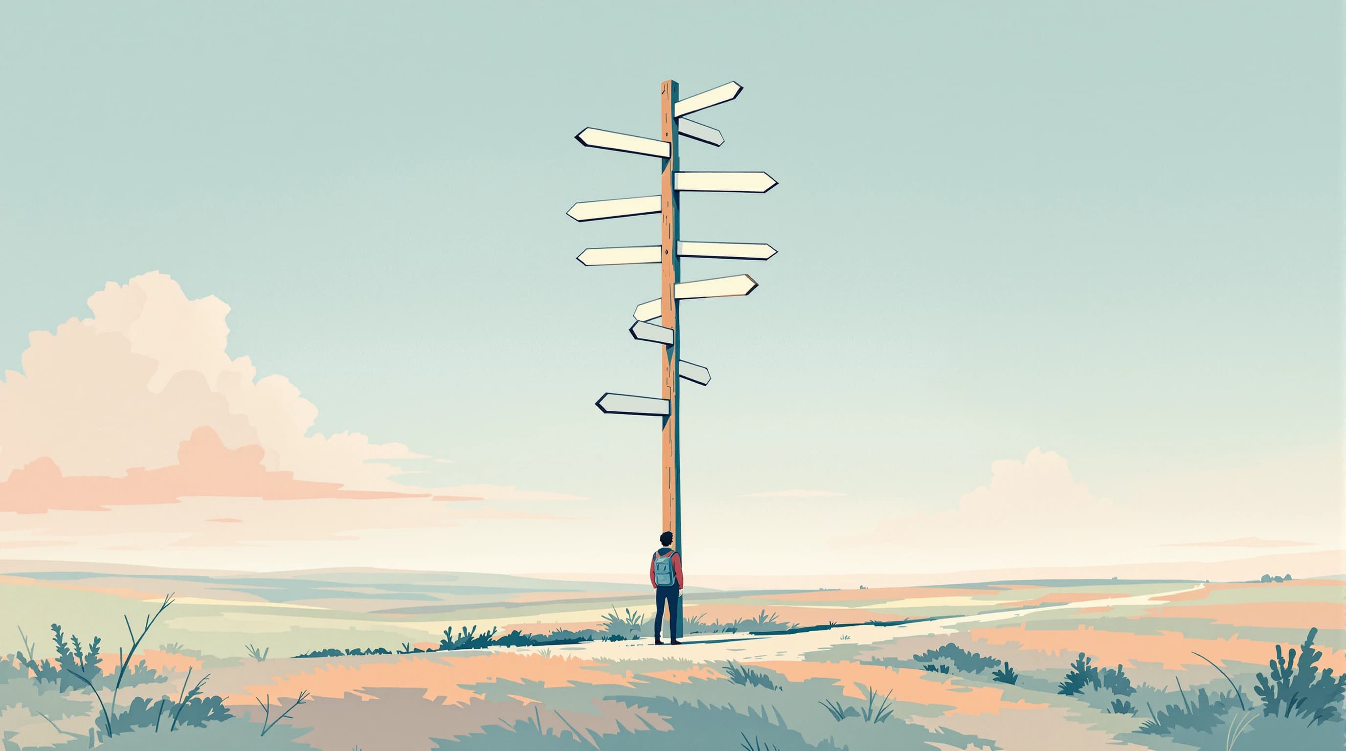 A crossroads in open country with a tall wooden fingerpost carrying many blank arms at several heights, each pointing cleanly down a different visible track, every arm aligned with a real path leading away. A walker stands beneath, looking up and orientated. Painterly illustration under a wide sky in dusty teal and cream with coral arm tips.
