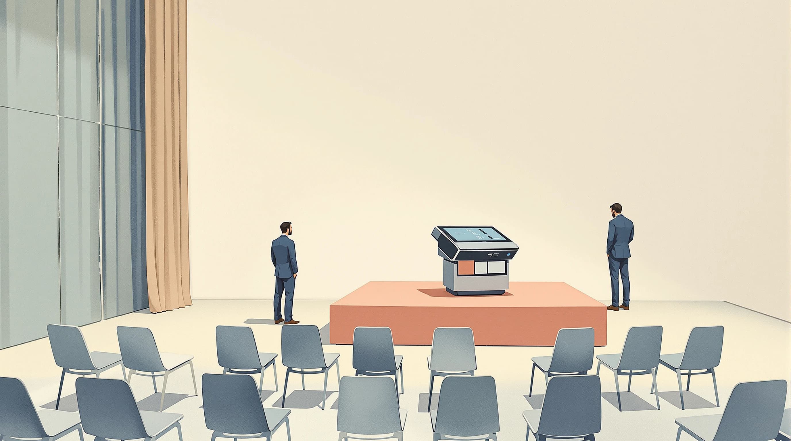 A showroom after hours with chairs still in rows facing a small raised platform where a display device sits, its demonstration finished. A single figure has stayed behind and stands close, turning it round to look at its back and underside, the seats empty. Painterly illustration in cool evening light, cream and dusty teal with a coral platform cloth.