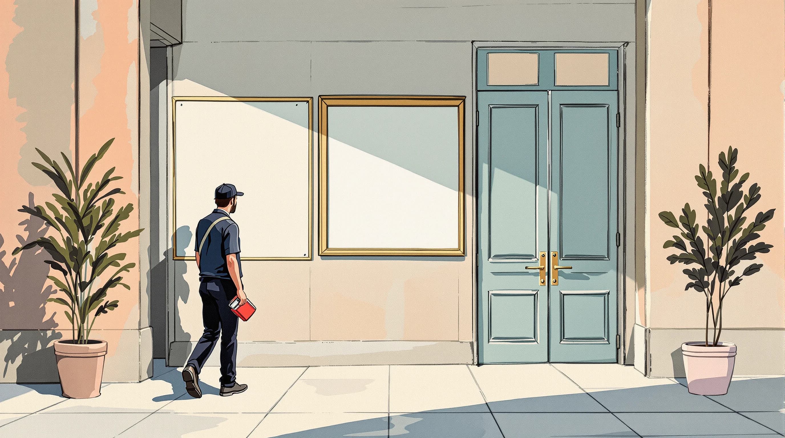 The entrance lobby of a European public building where a framed notice board hangs at a comfortable reading height beside the doors, well lit, with a blank cream sheet newly pinned inside. A caretaker steps back from it, a drawing pin tin still in hand, checking it sits square. Painterly illustration in cream stone and dusty teal with warm lobby light.