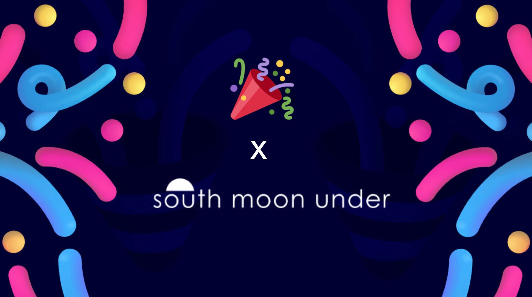 TestParty x South Moon Under co-branded announcement graphic with a party popper emoji on a dark navy background with colorful confetti