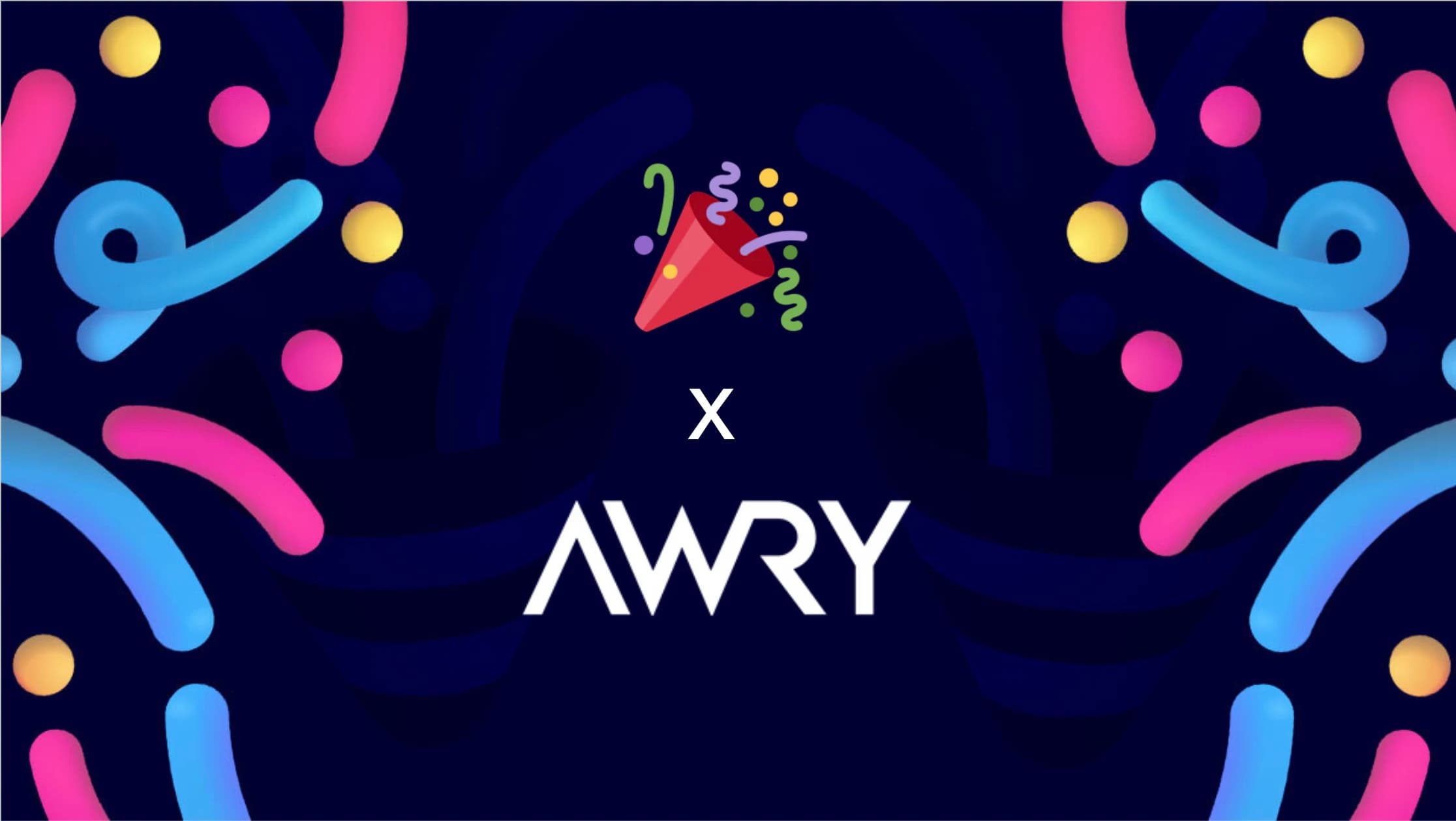 TestParty x AWRY co-branded announcement graphic with a party popper emoji on a dark navy background with colorful confetti